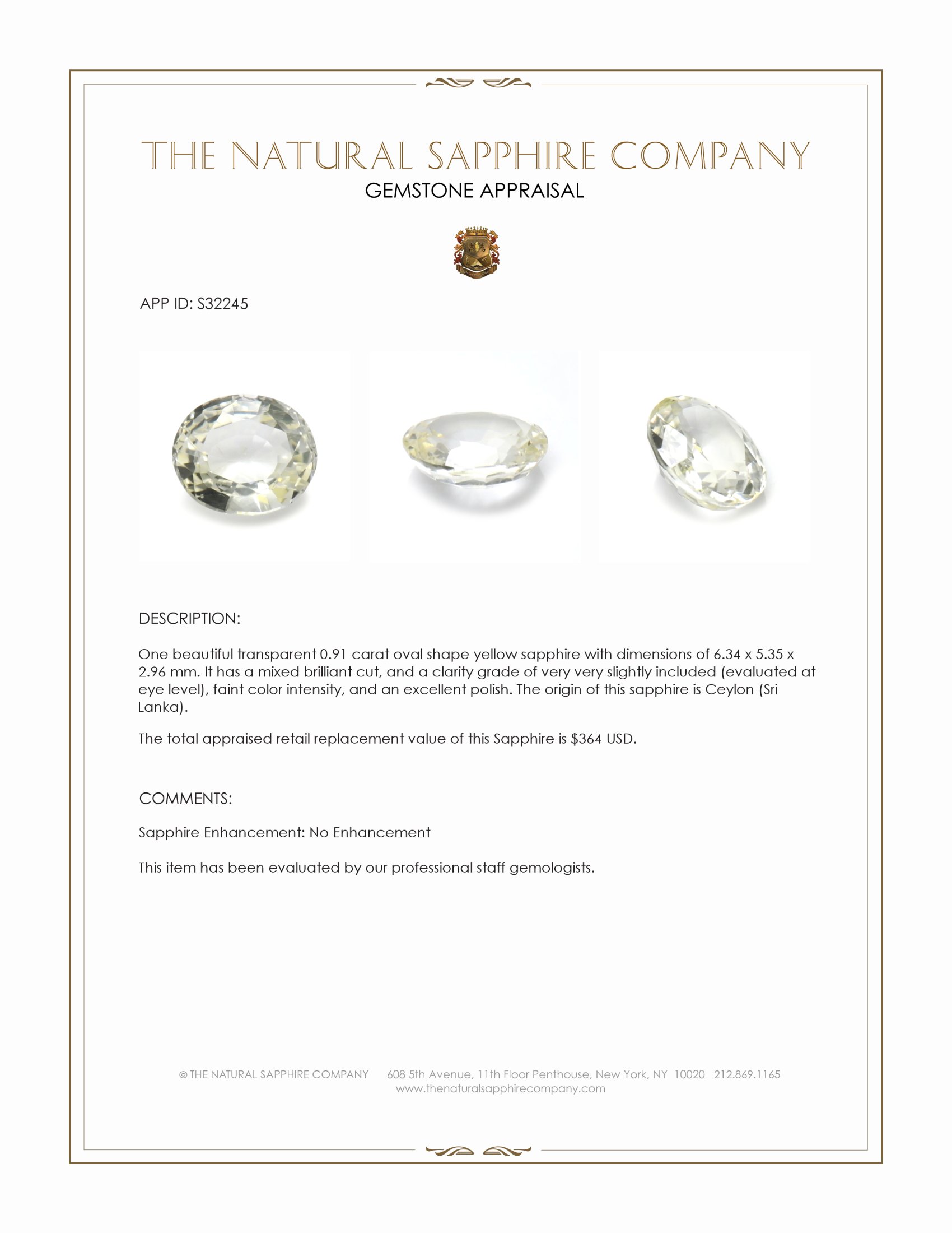 0.91 Ct. Yellow Sapphire from Ceylon (Sri Lanka)