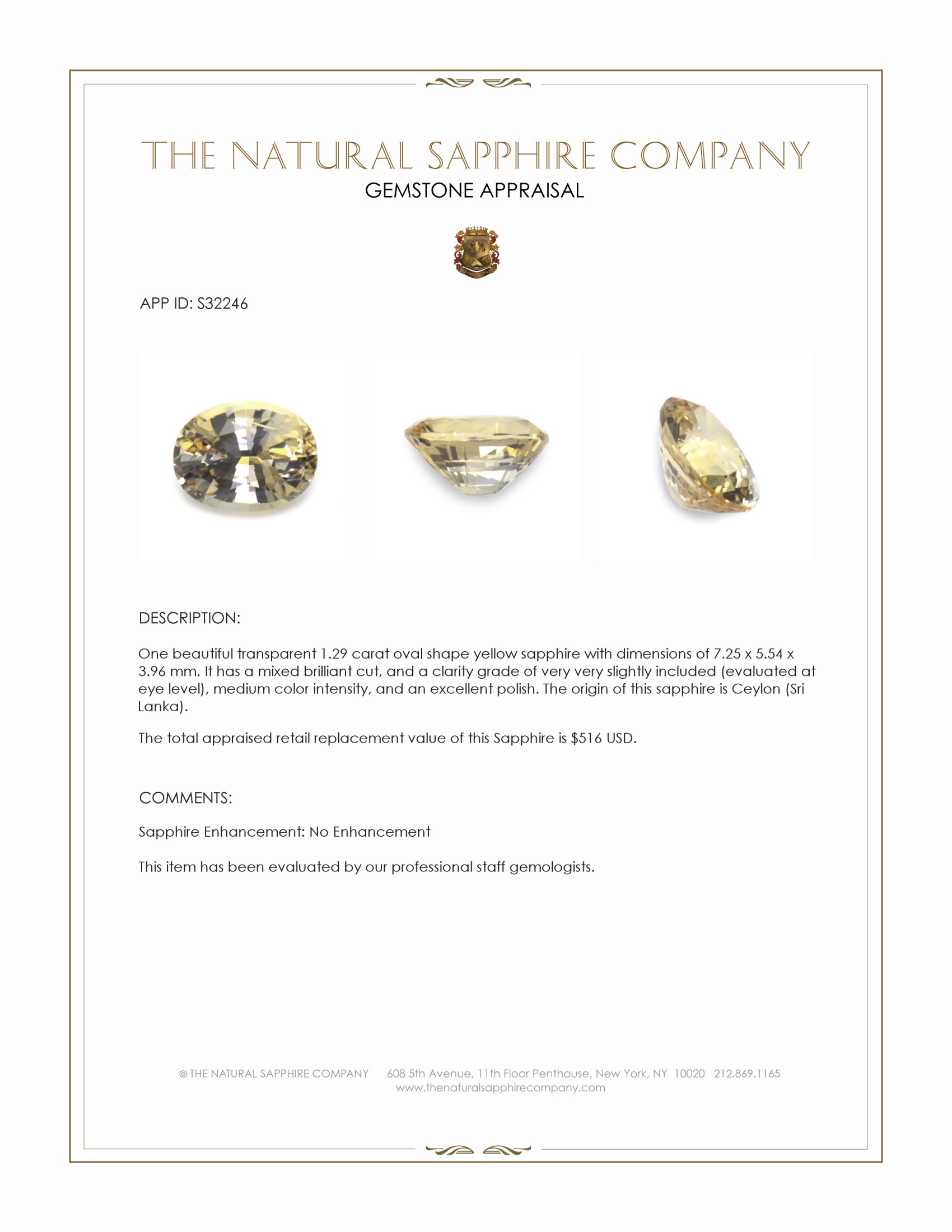 1.29 Ct. Yellow Sapphire from Ceylon (Sri Lanka)