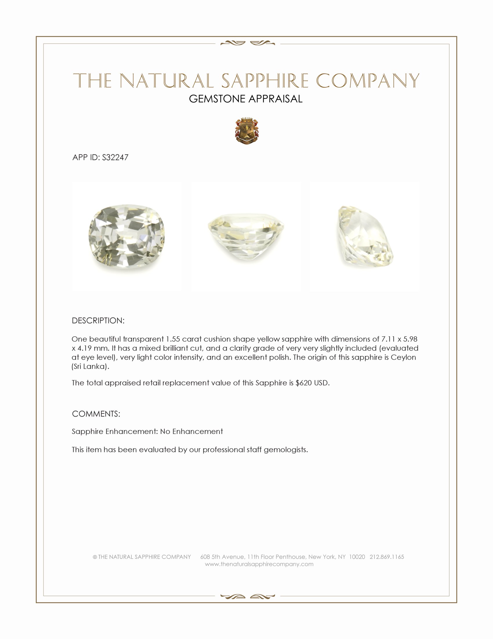 1.55 Ct. Yellow Sapphire from Ceylon (Sri Lanka)