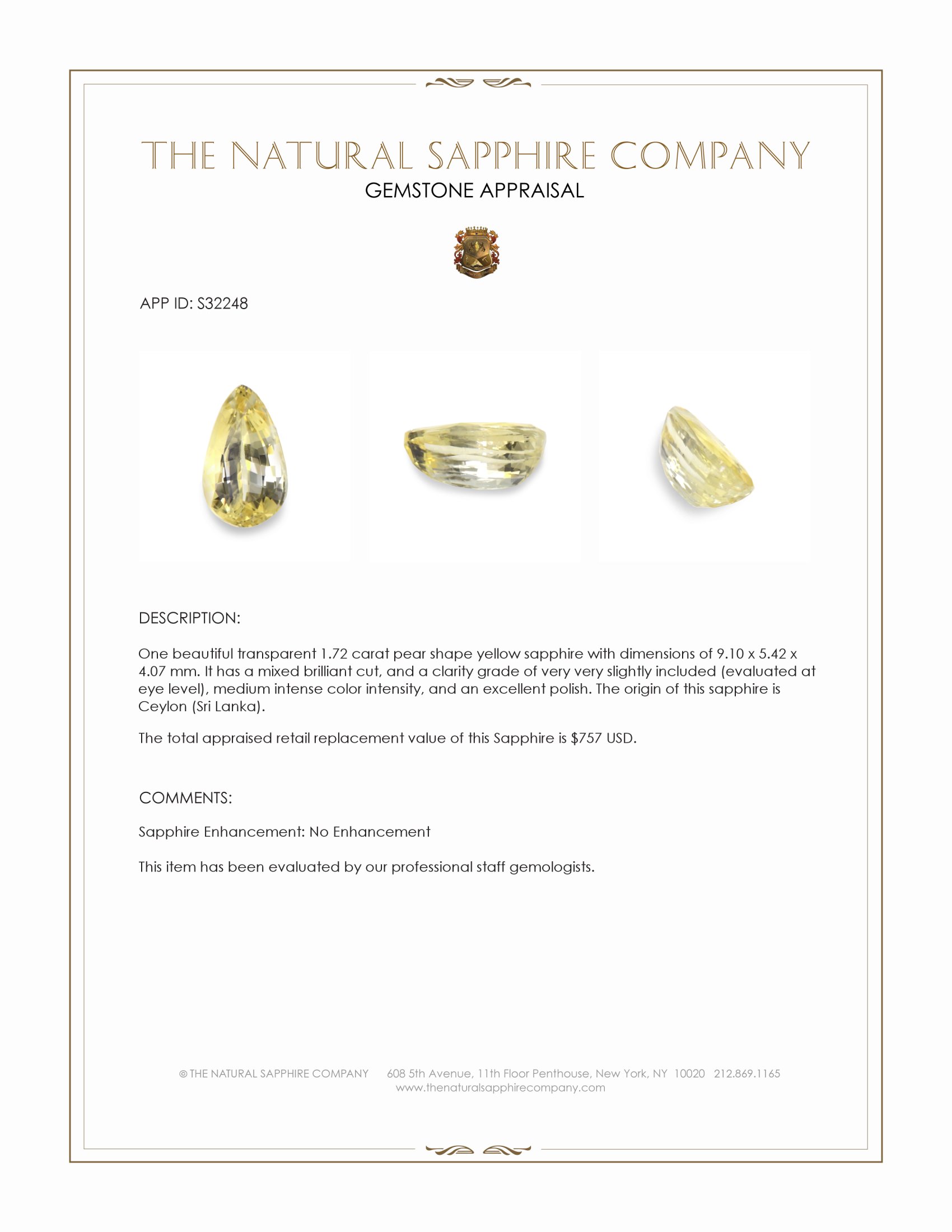 1.72 Ct. Yellow Sapphire from Ceylon (Sri Lanka)