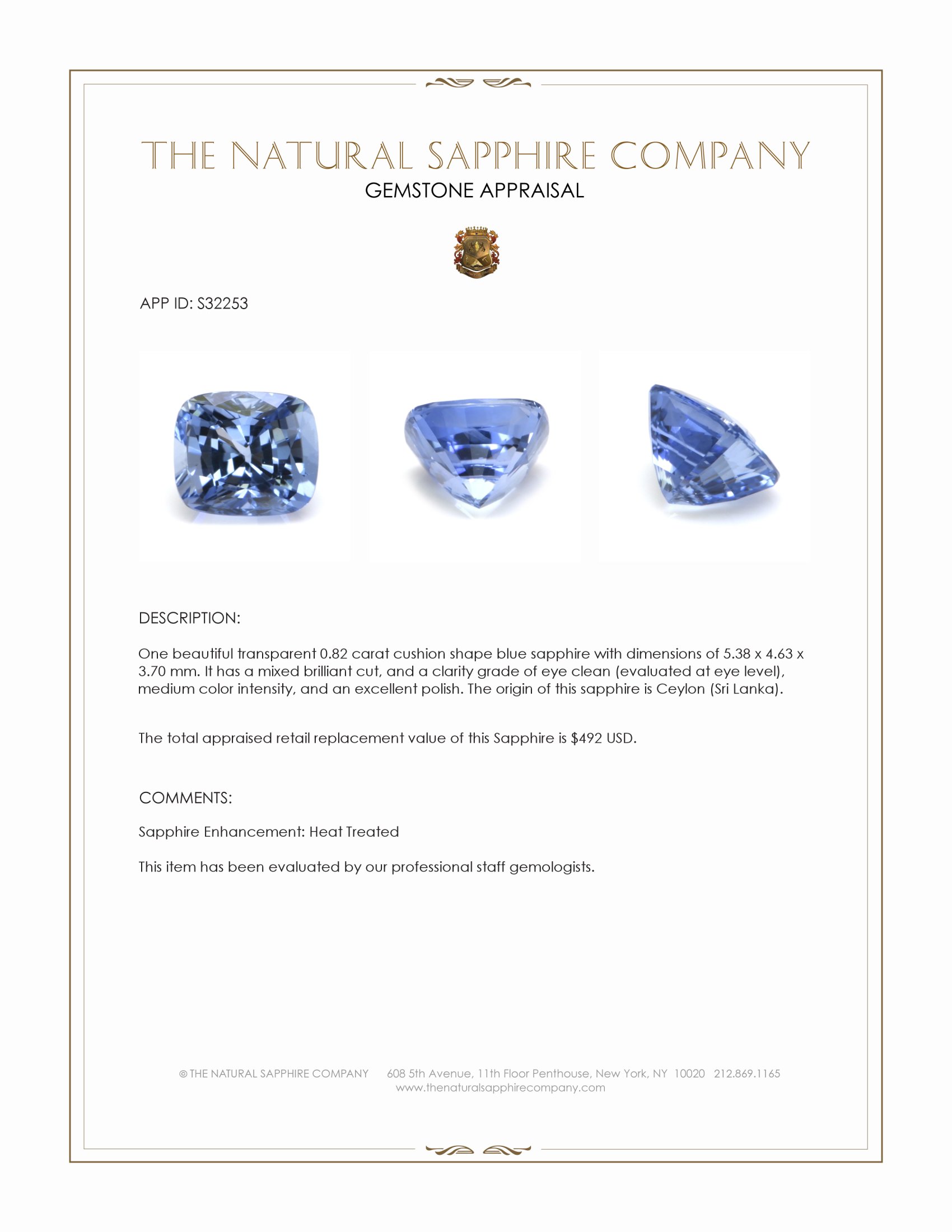 0.82 Ct. Blue Sapphire from Ceylon (Sri Lanka)