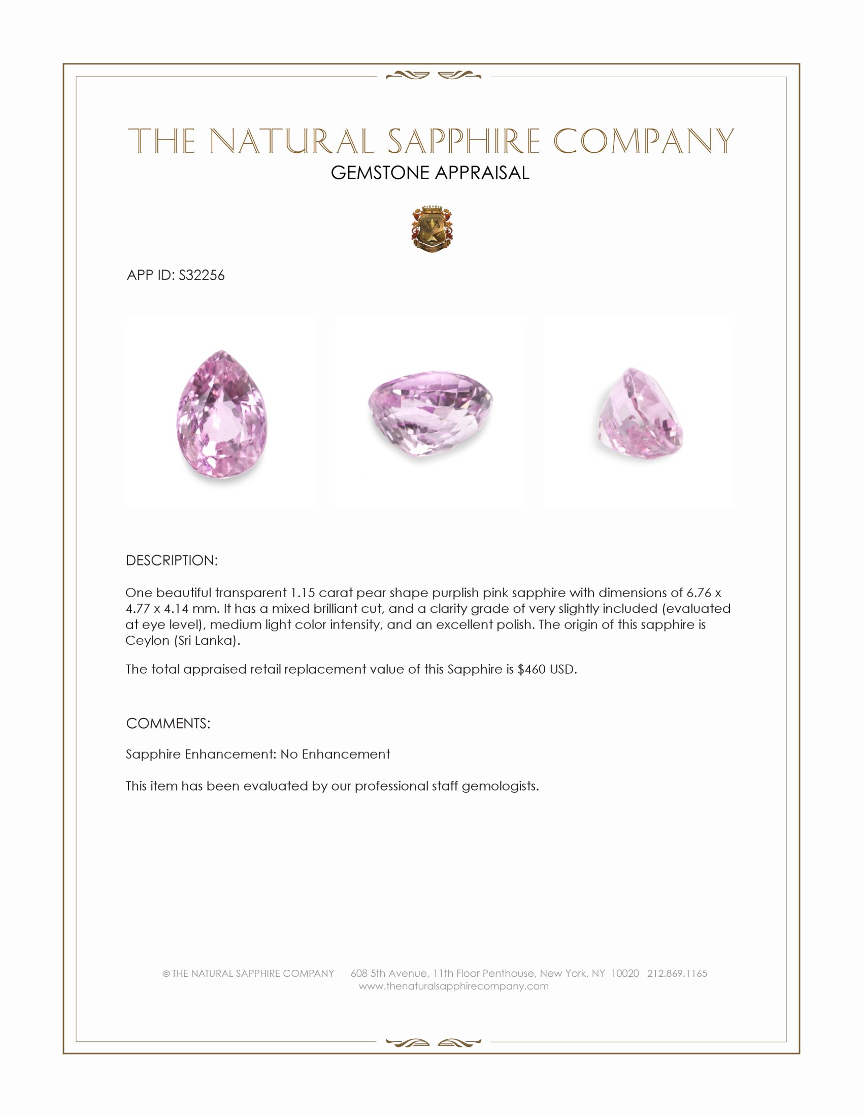 1.15 Ct. Purplish Pink Sapphire from Ceylon (Sri Lanka)