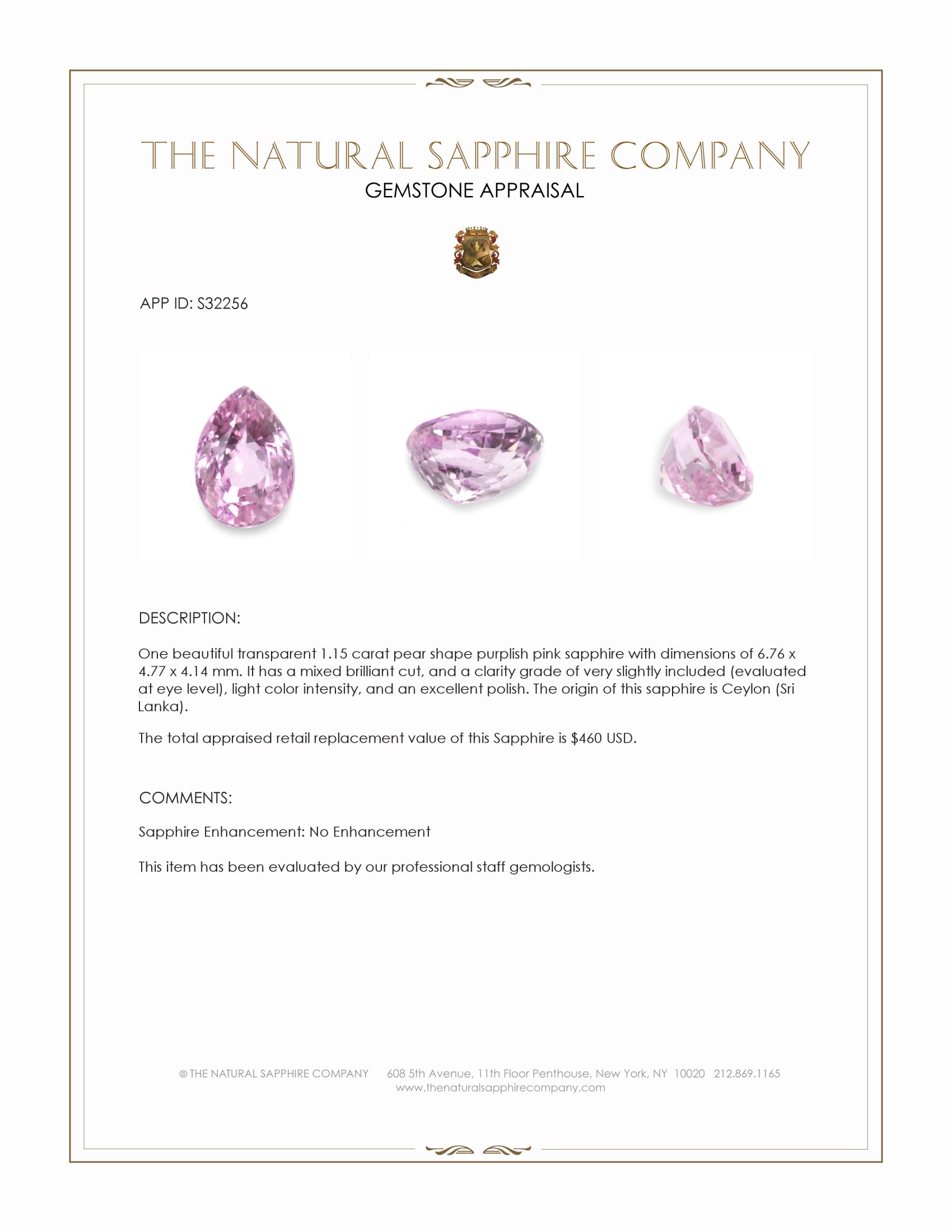 1.15 Ct. Purplish Pink Sapphire from Ceylon (Sri Lanka)