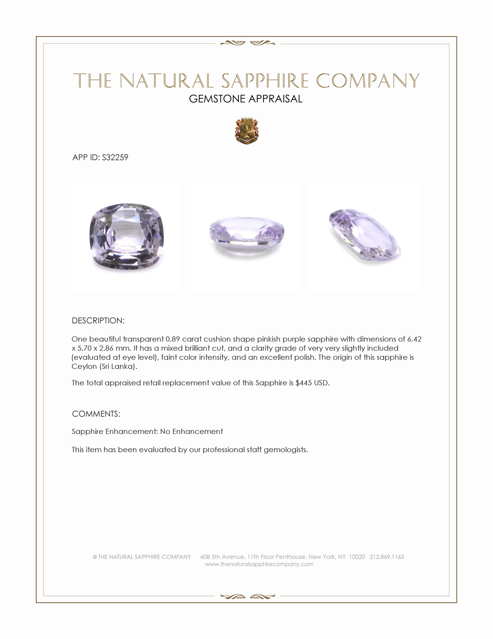 0.89 Ct. Pinkish Purple Sapphire from Ceylon (Sri Lanka)