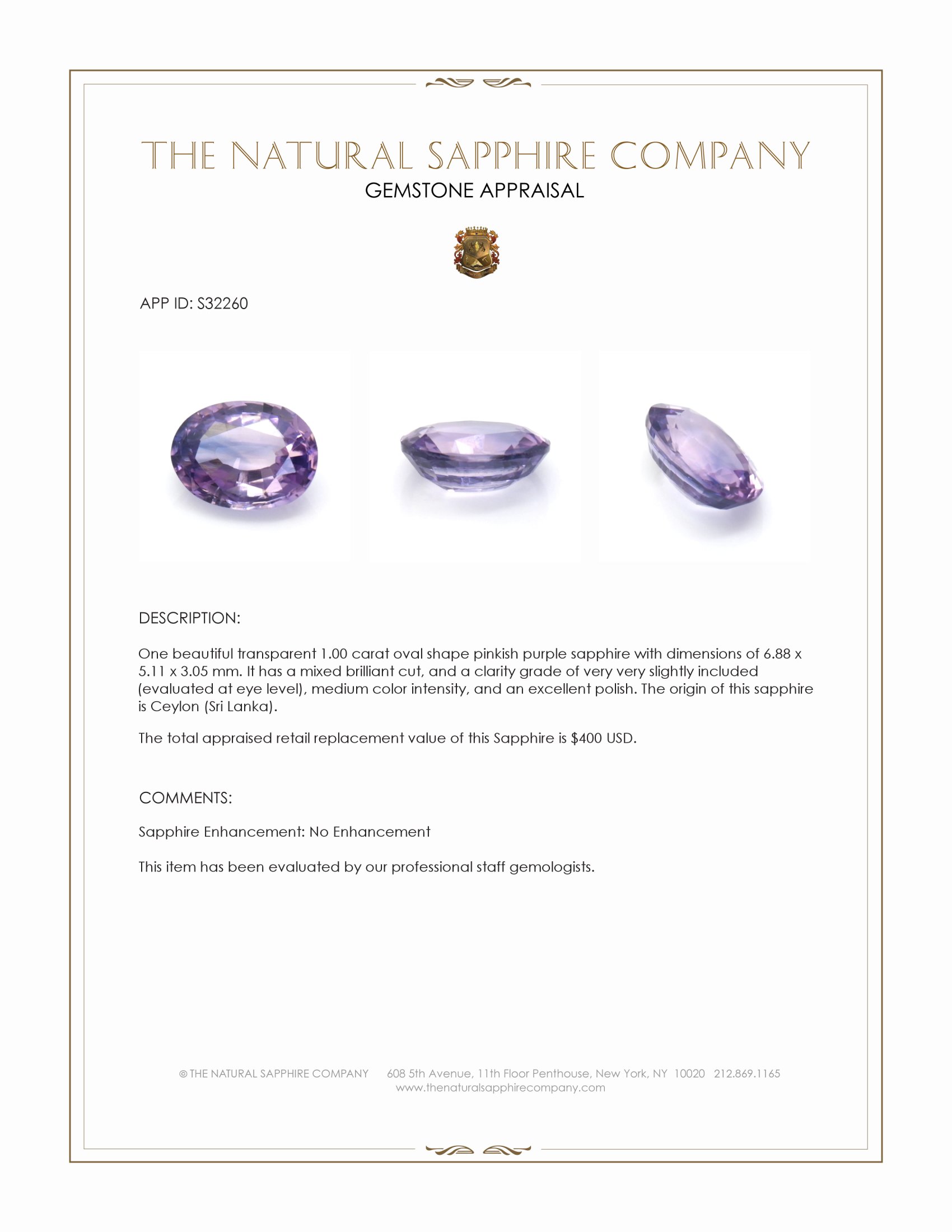 1.00 Ct. Pinkish Purple Sapphire from Ceylon (Sri Lanka)