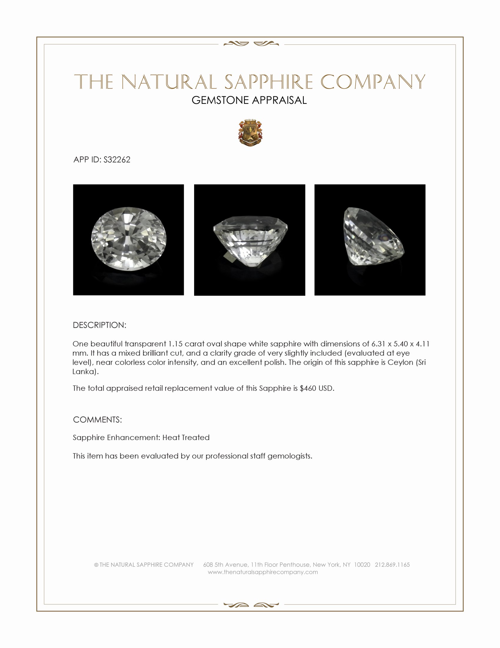 1.15 Ct. White Sapphire from Ceylon (Sri Lanka)