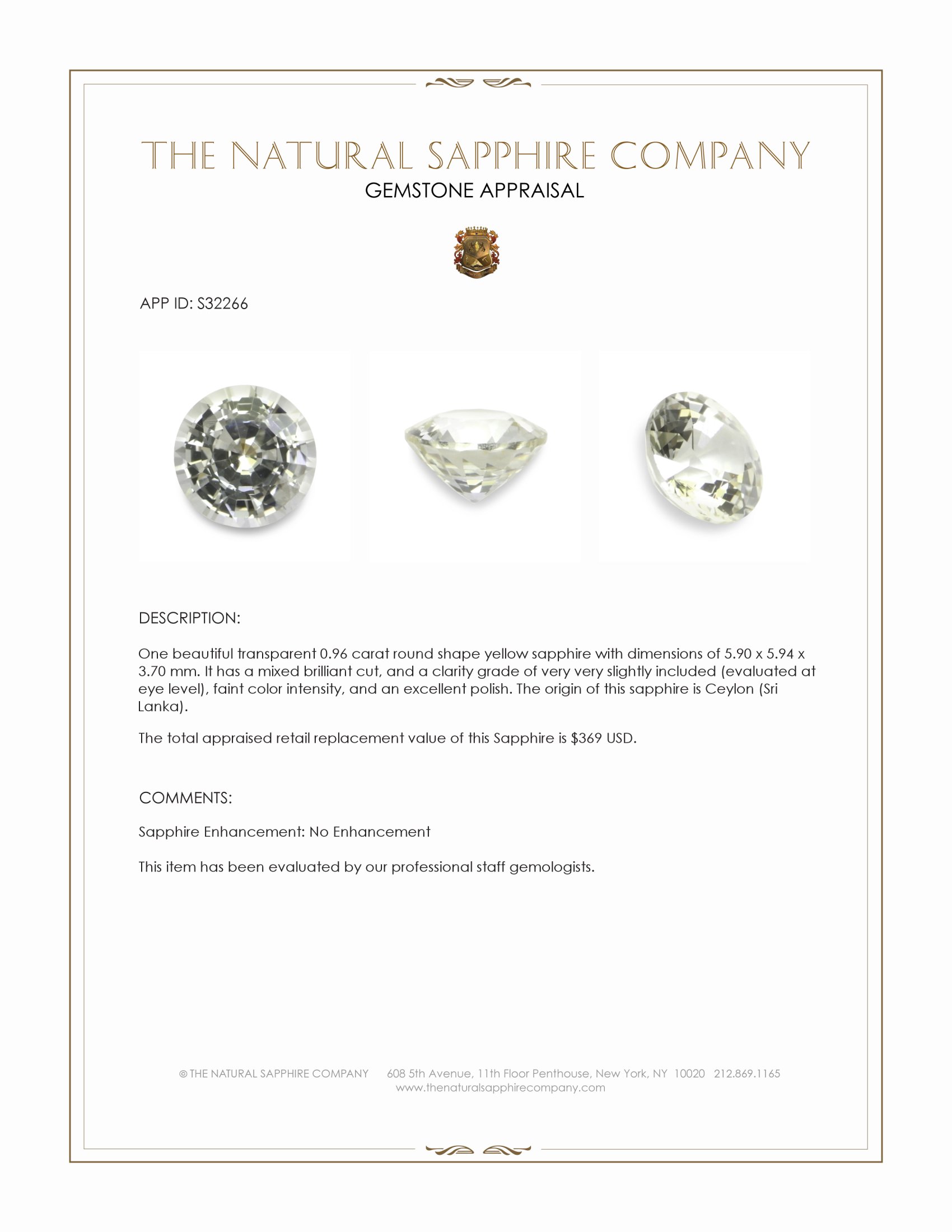 0.96 Ct. Yellow Sapphire from Ceylon (Sri Lanka)