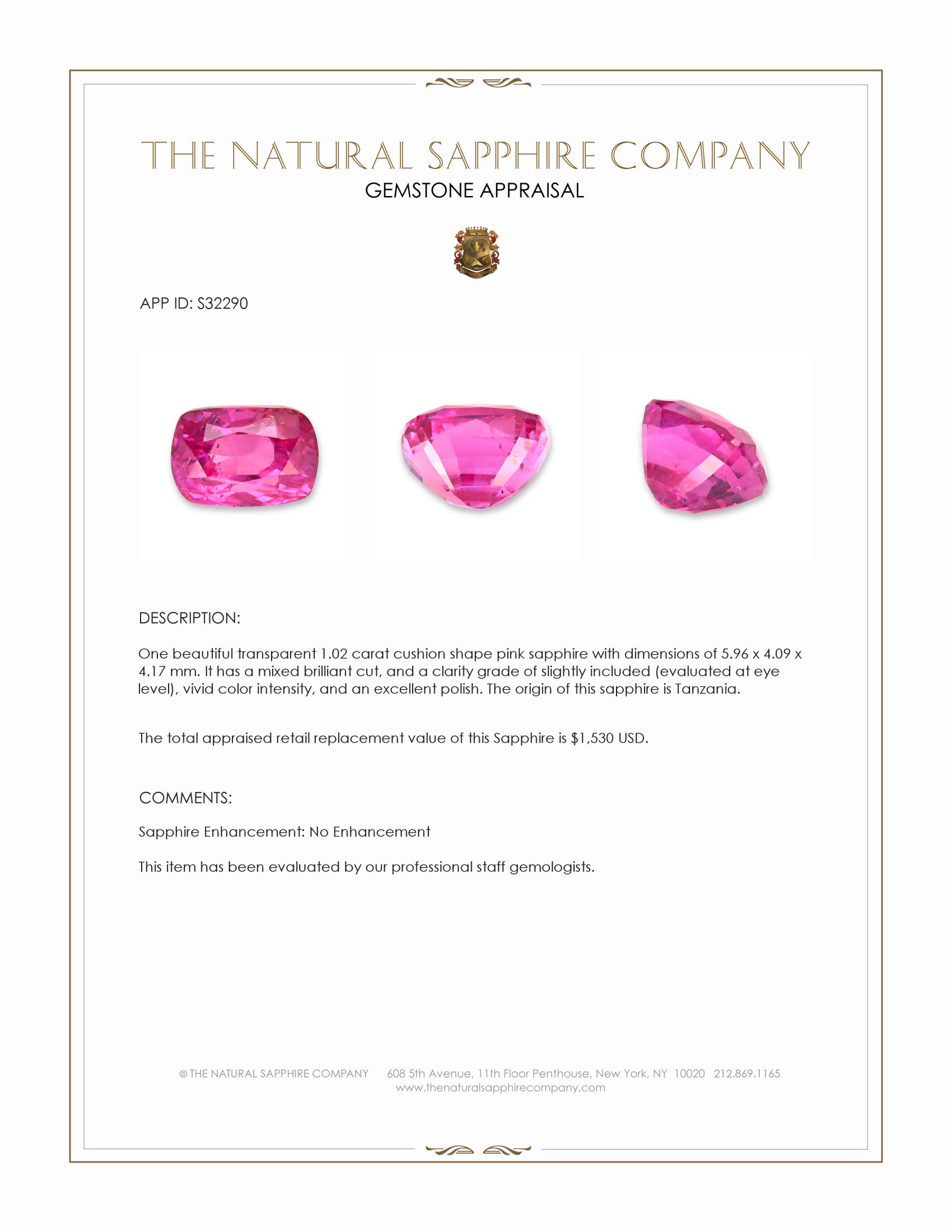1.02 Ct. Pink Sapphire from Tanzania
