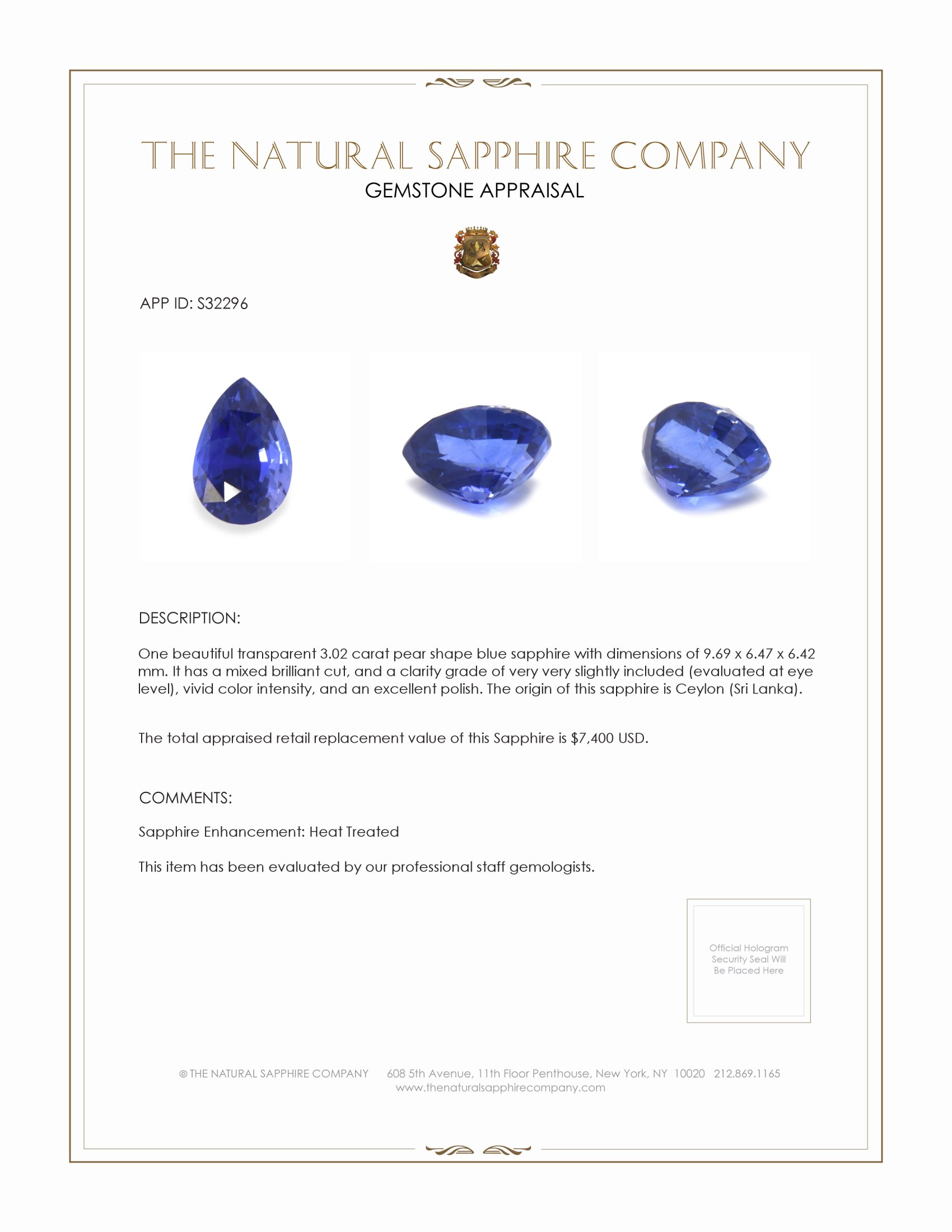 3.02 Ct. Blue Sapphire from Ceylon (Sri Lanka)