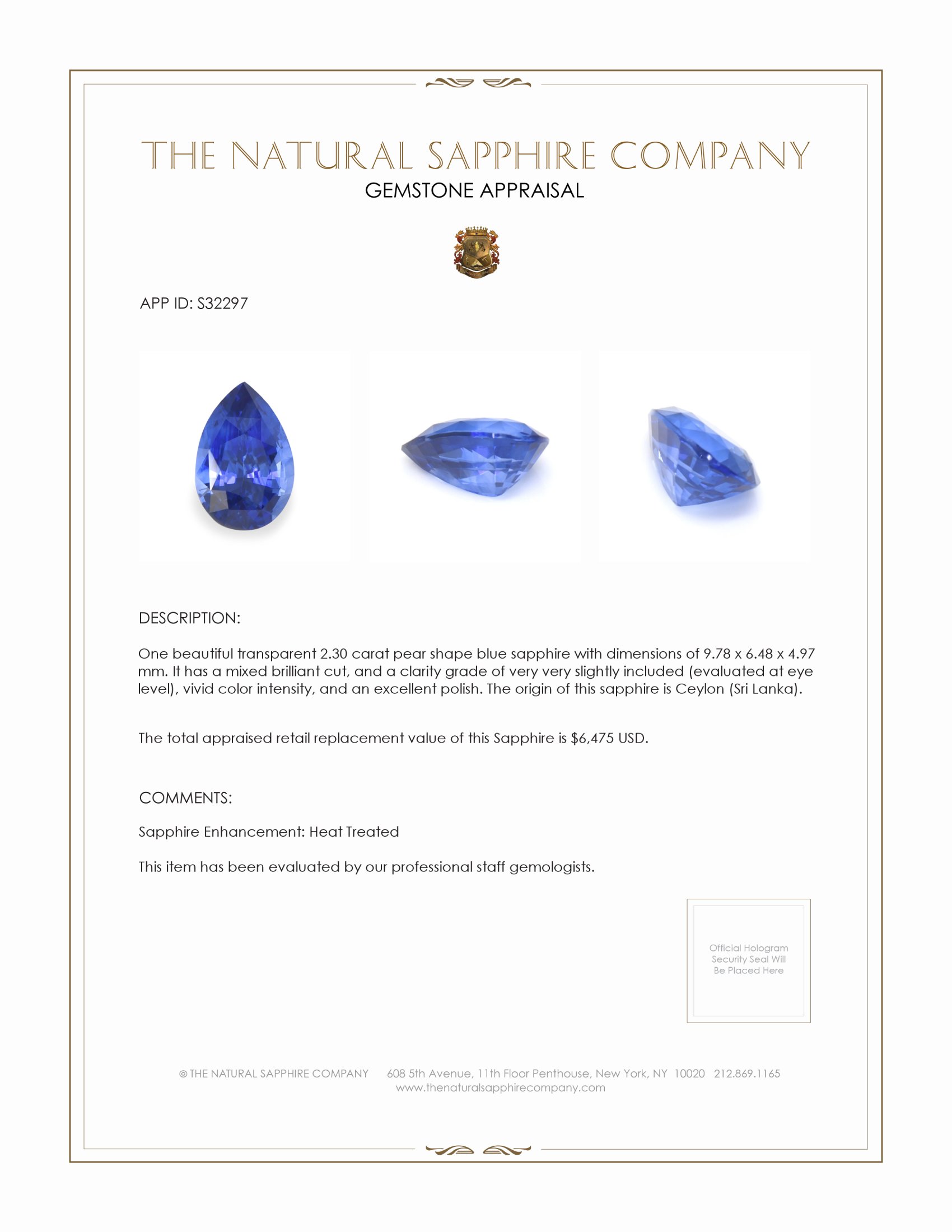 2.30 Ct. Blue Sapphire from Ceylon (Sri Lanka)