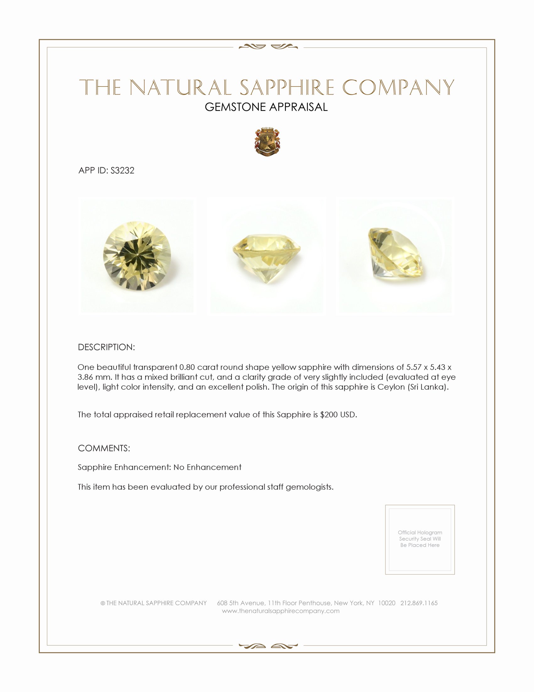 0.80 Ct. Yellow Sapphire from Ceylon (Sri Lanka)