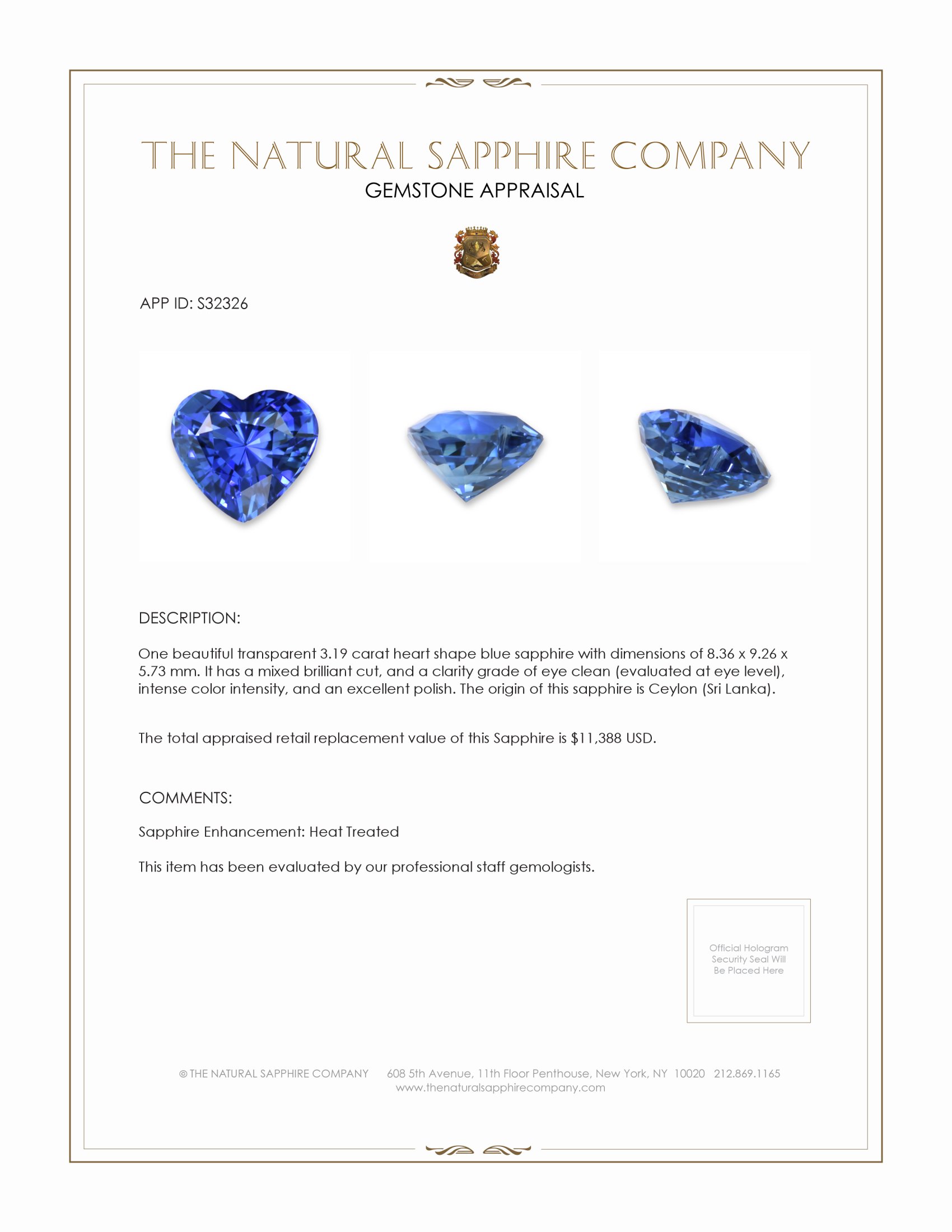 3.19 Ct. Blue Sapphire from Ceylon (Sri Lanka)