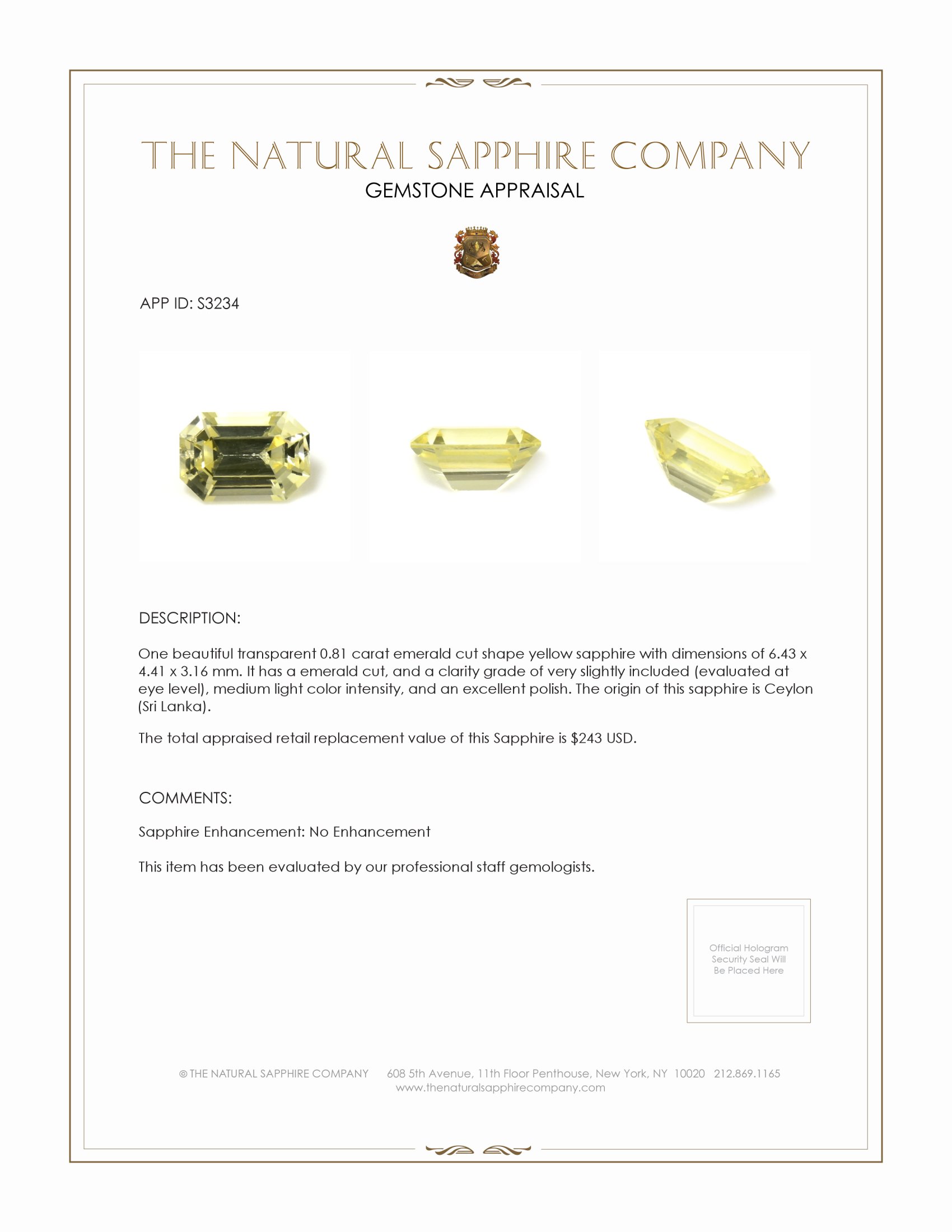 0.81 Ct. Yellow Sapphire from Ceylon (Sri Lanka)