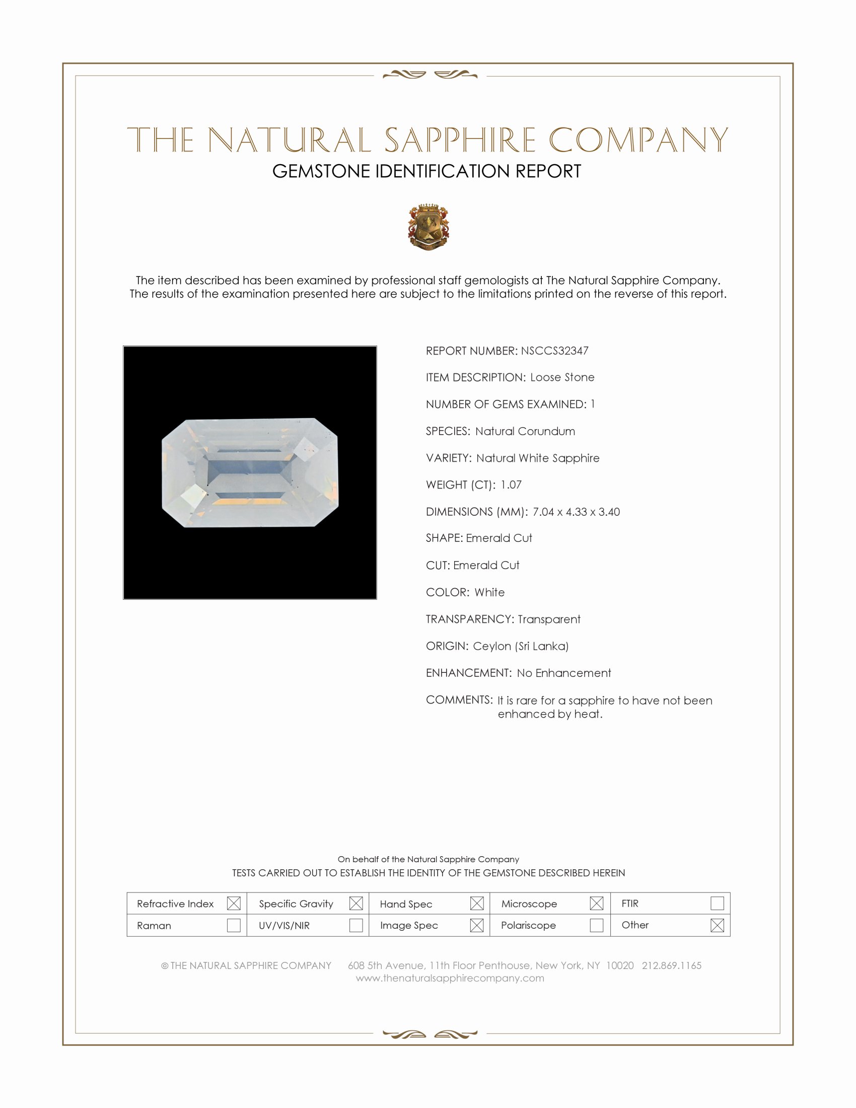 1.07 Ct. White Sapphire from Ceylon (Sri Lanka)