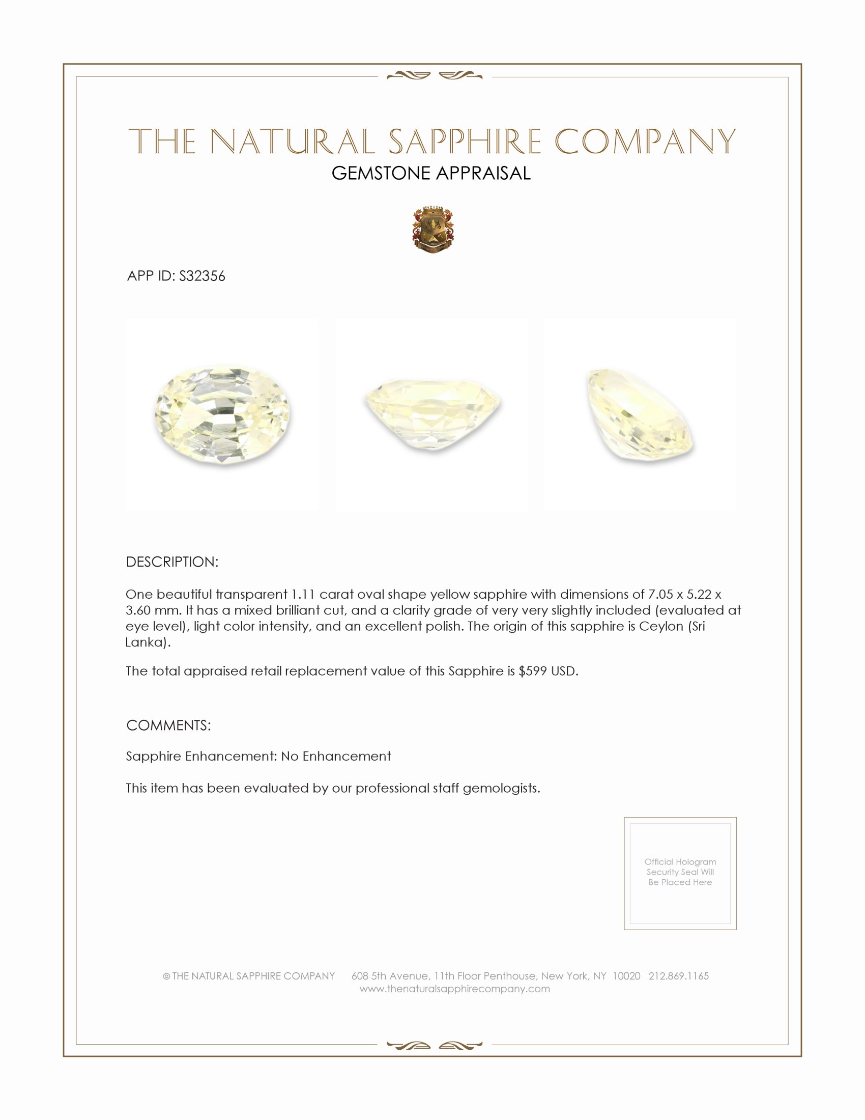 1.11 Ct. Yellow Sapphire from Ceylon (Sri Lanka)