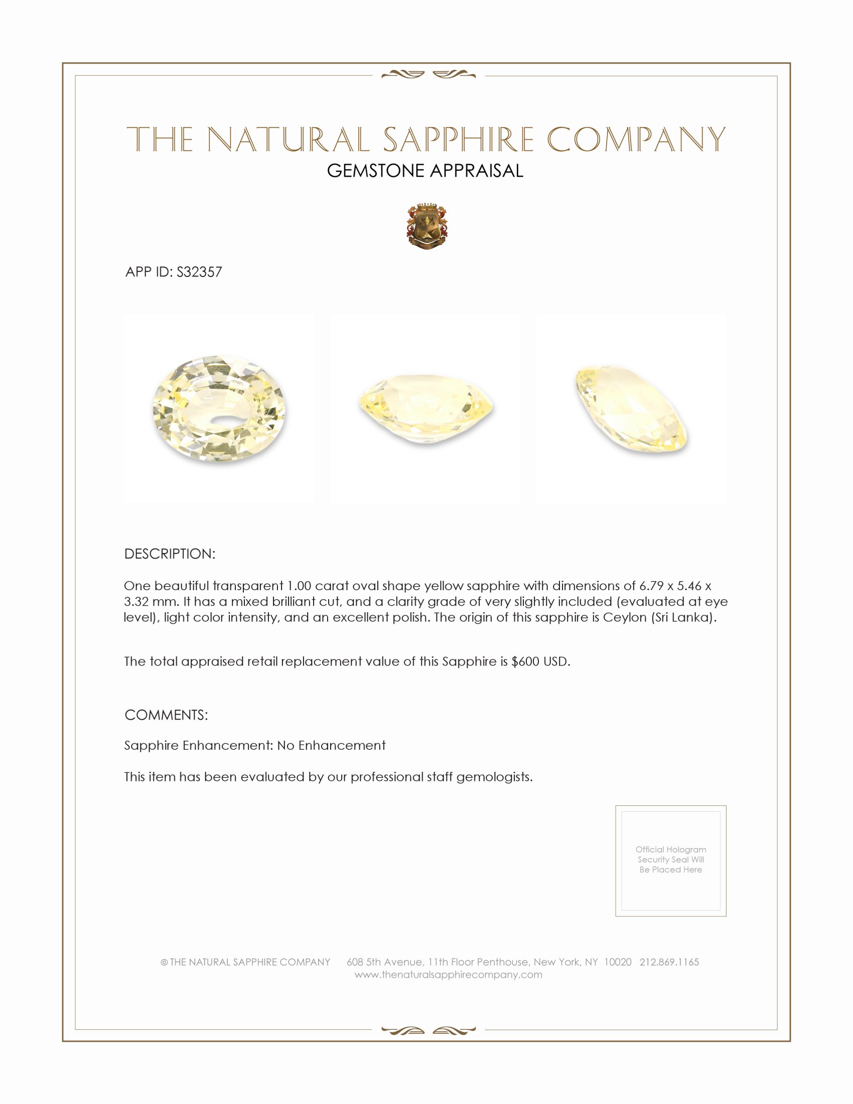 1.00 Ct. Yellow Sapphire from Ceylon (Sri Lanka)