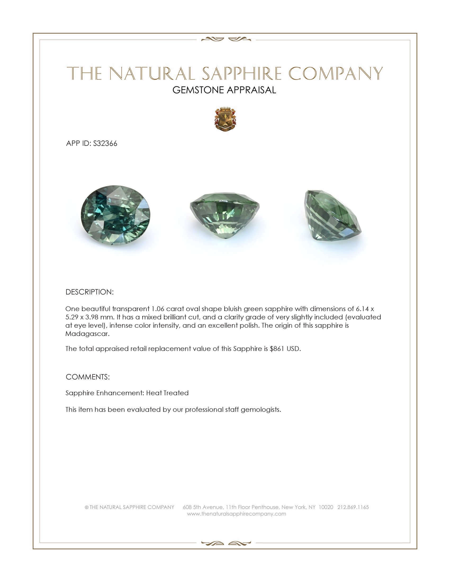 1.06 Ct. Bluish Green Sapphire from Madagascar