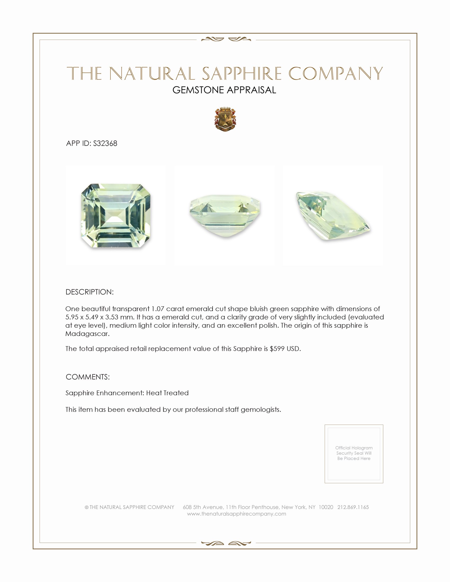 1.07 Ct. Bluish Green Sapphire from Madagascar