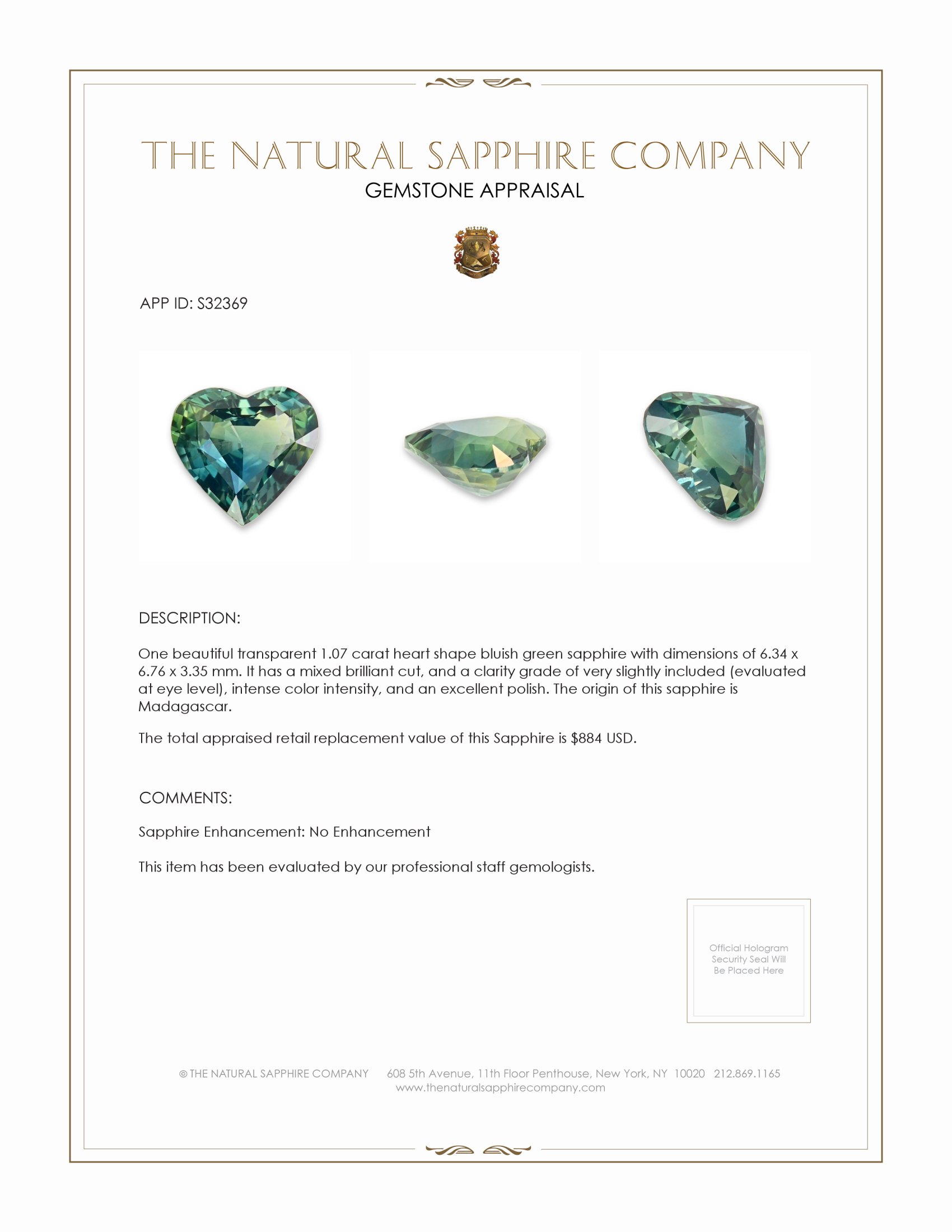 1.07 Ct. Bluish Green Sapphire from Madagascar