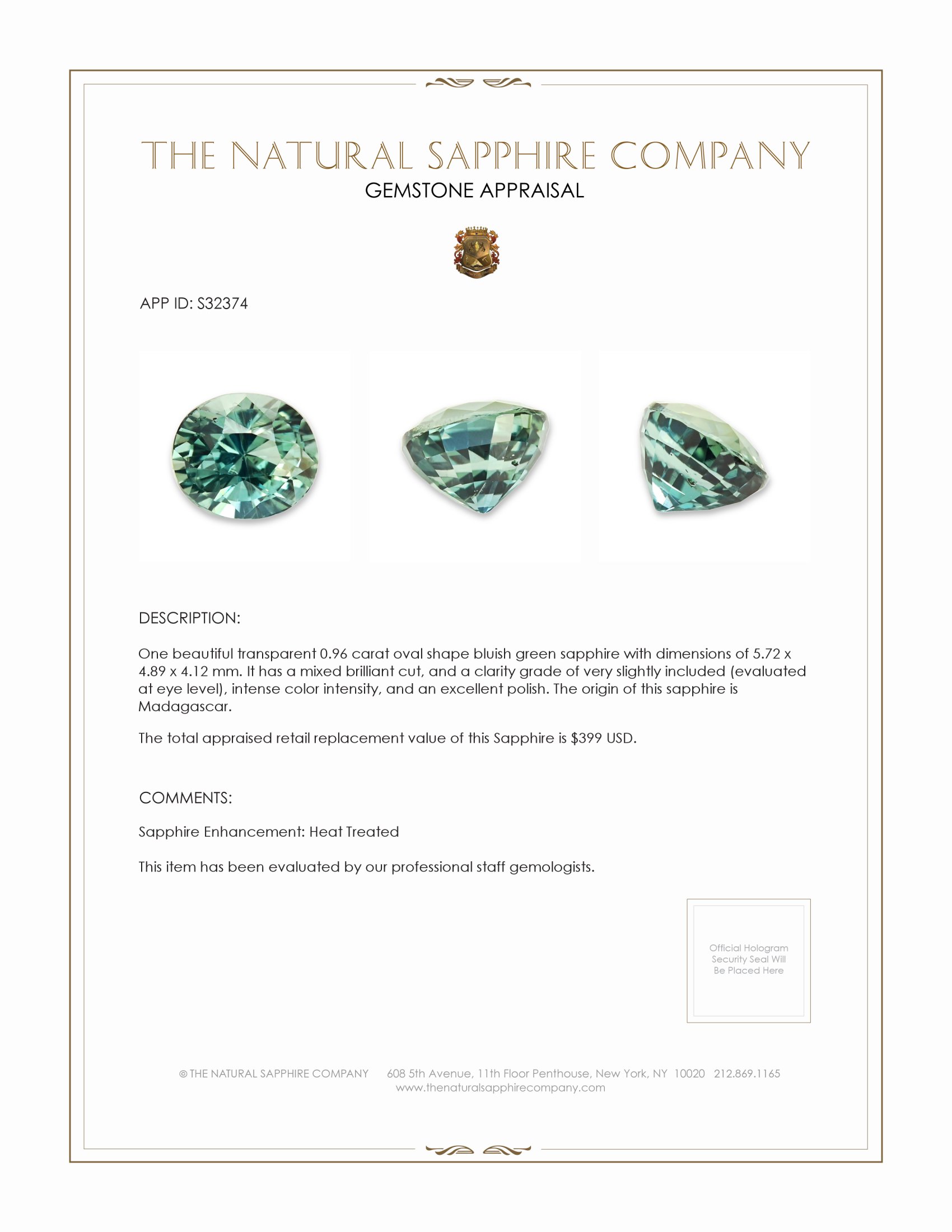 0.96 Ct. Bluish Green Sapphire from Madagascar