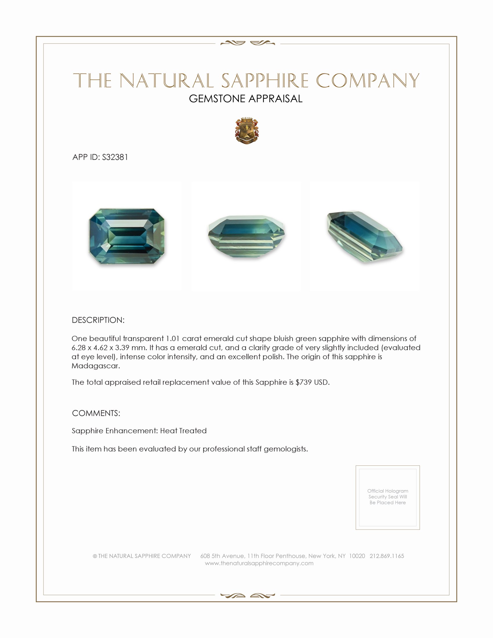 1.01 Ct. Bluish Green Sapphire from Madagascar