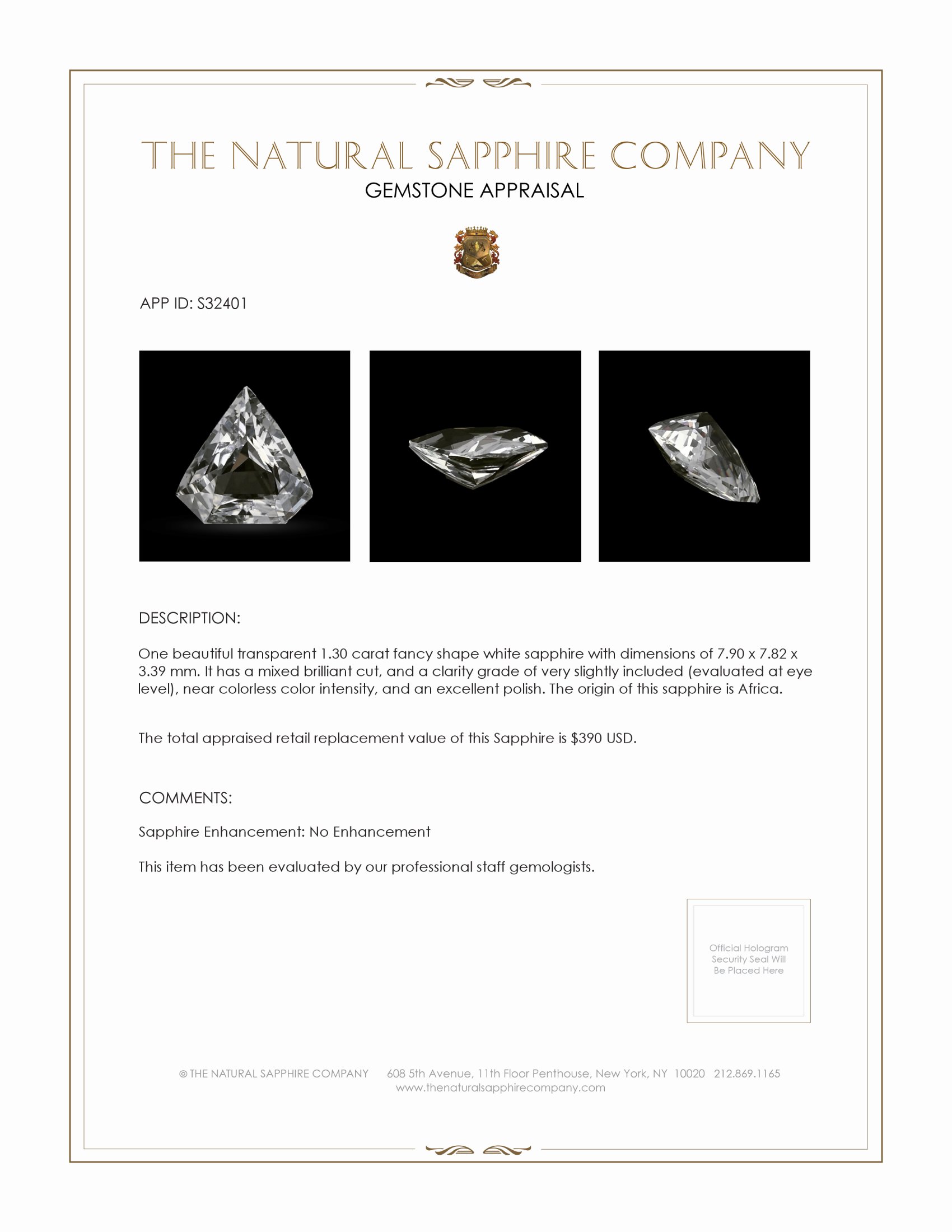 1.30 Ct. White Sapphire from Africa