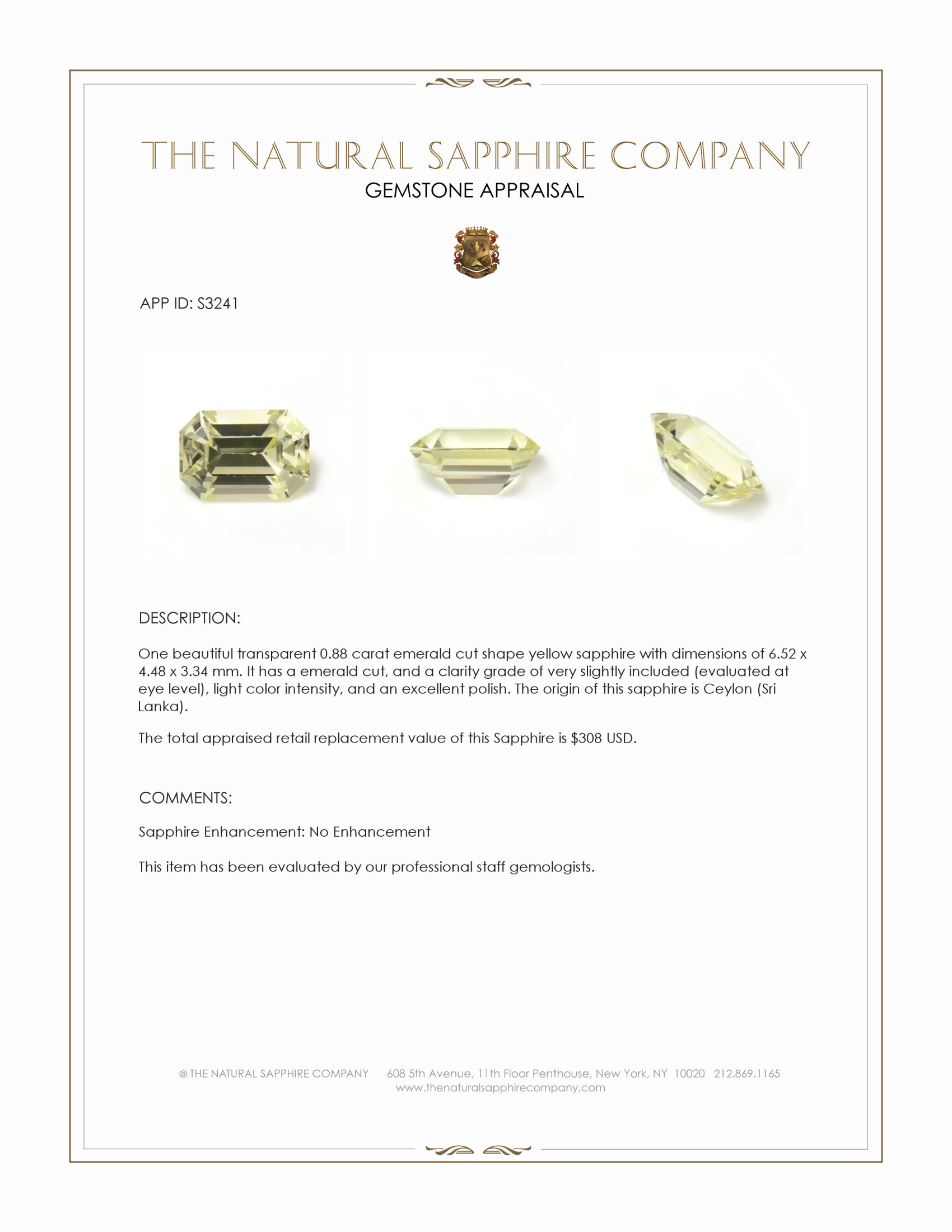 0.88 Ct. Yellow Sapphire from Ceylon (Sri Lanka)
