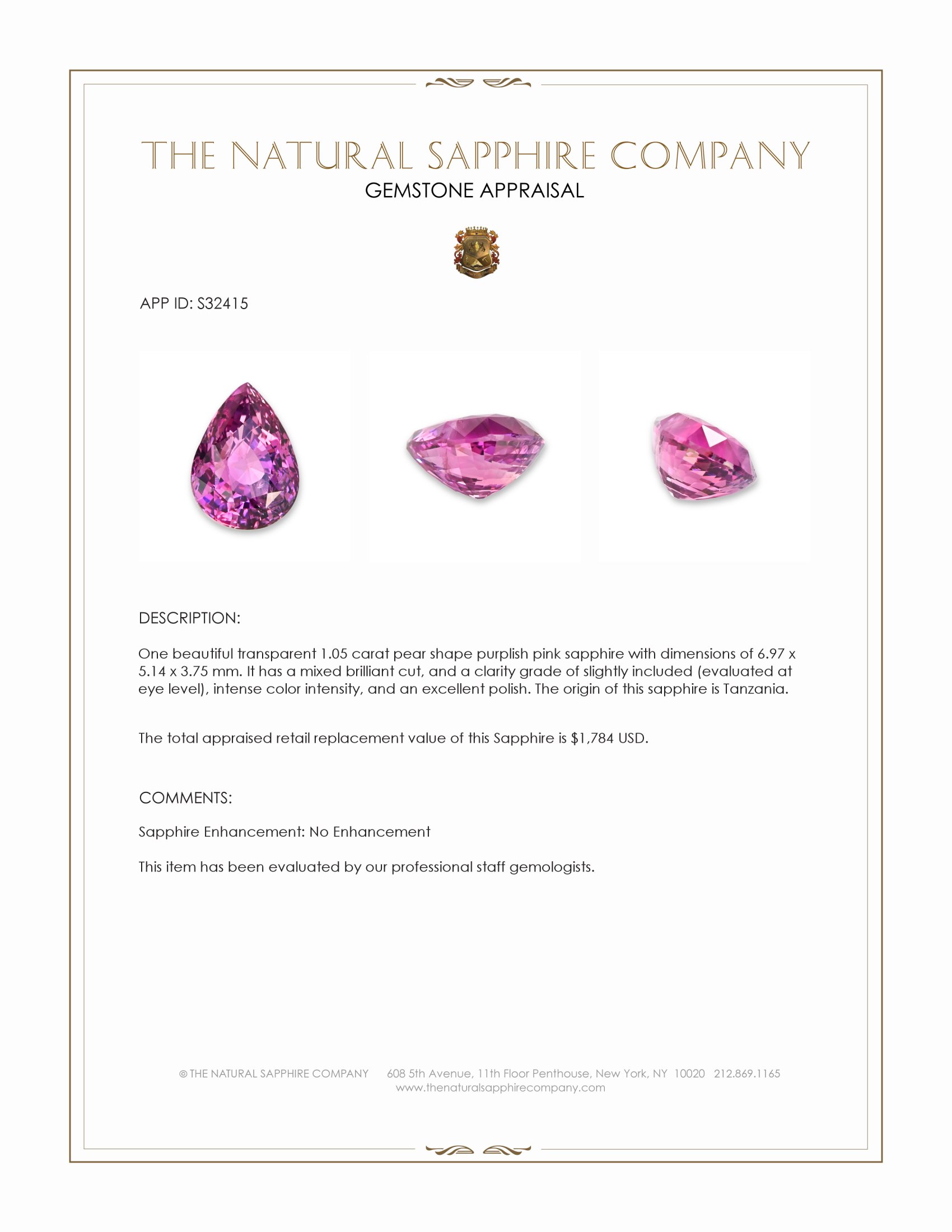 1.05 Ct. Purplish Pink Sapphire from Tanzania