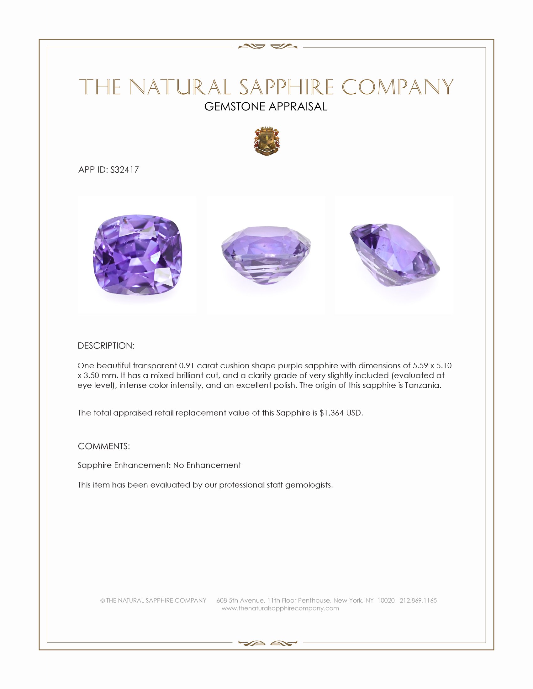 0.91 Ct. Purple Sapphire from Tanzania