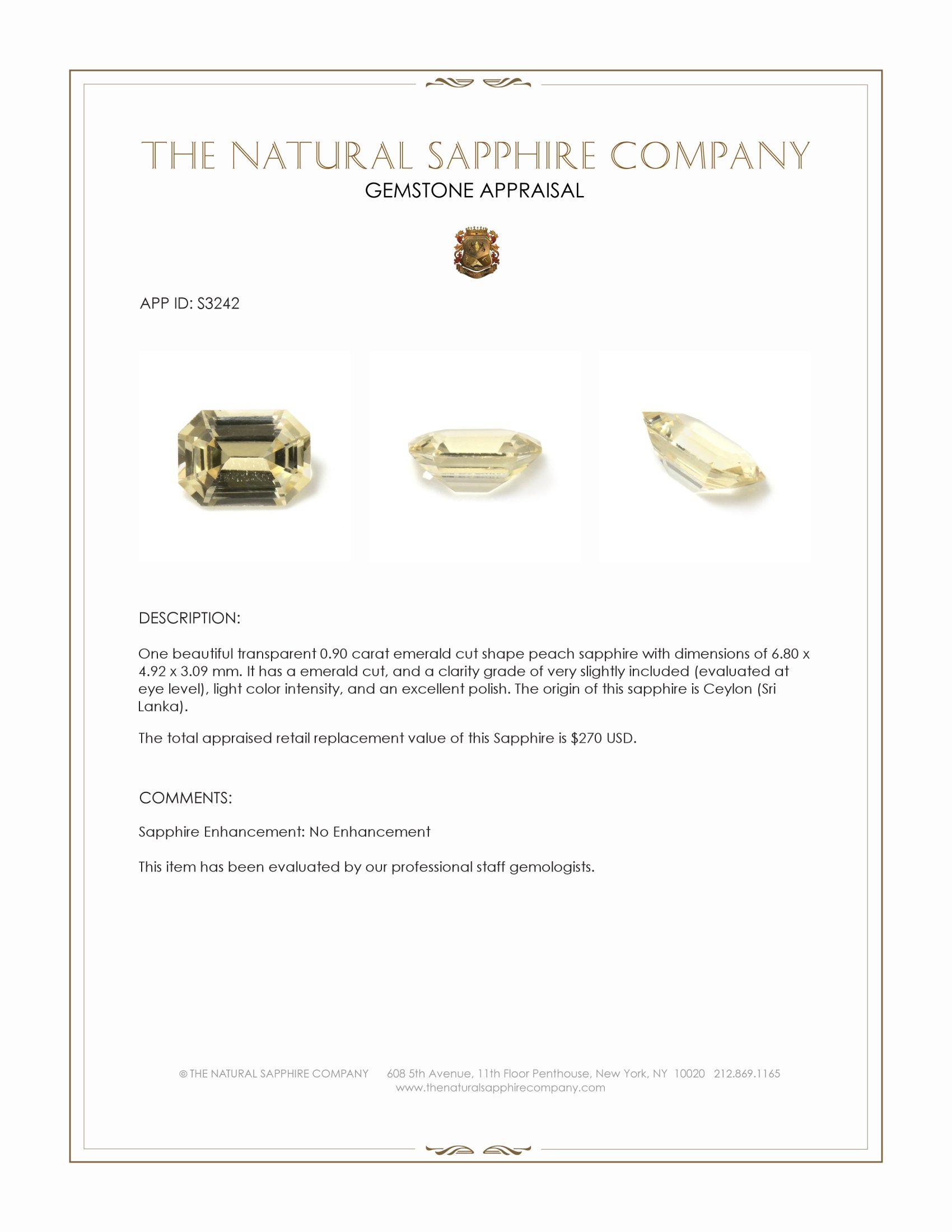 0.90 Ct. Peach Sapphire from Ceylon (Sri Lanka)