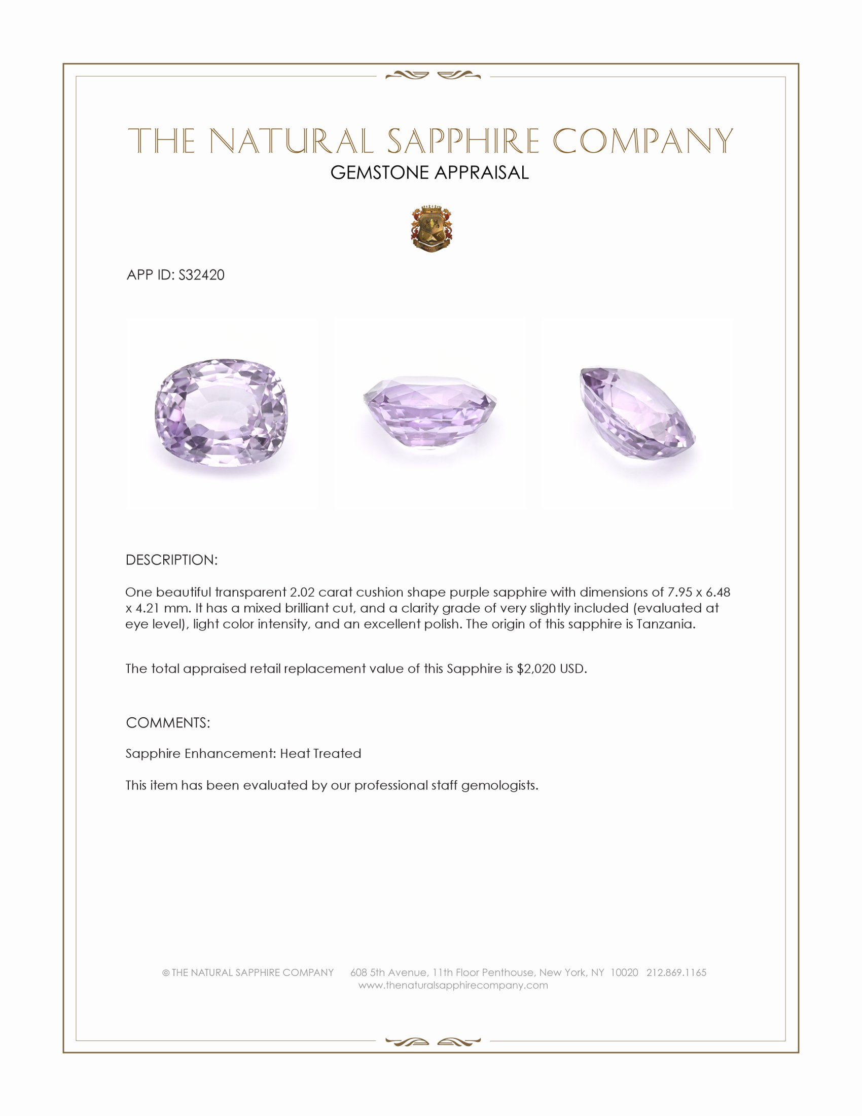 2.02 Ct. Pinkish Purple Sapphire from Tanzania