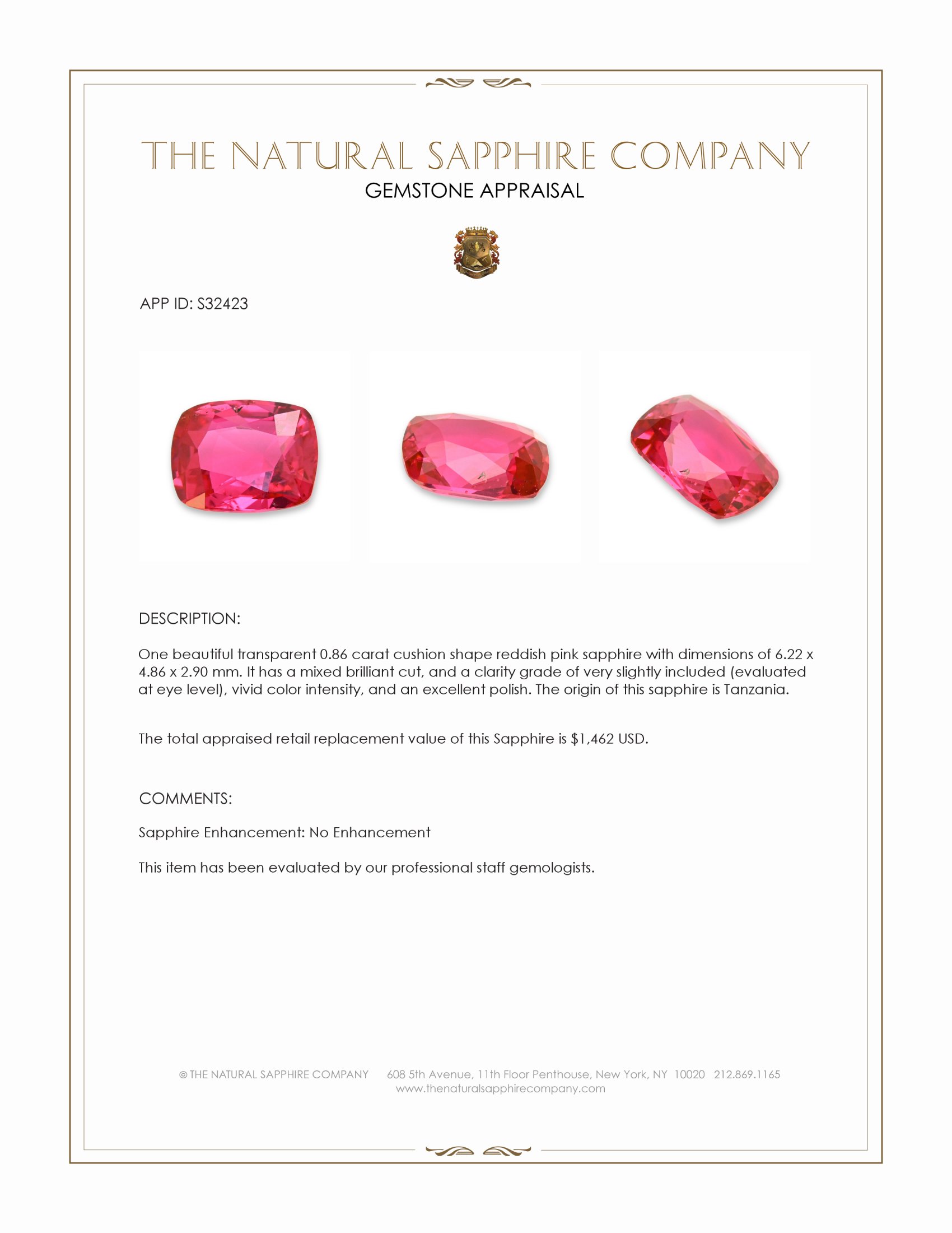 0.86 Ct. Reddish Pink Sapphire from Tanzania