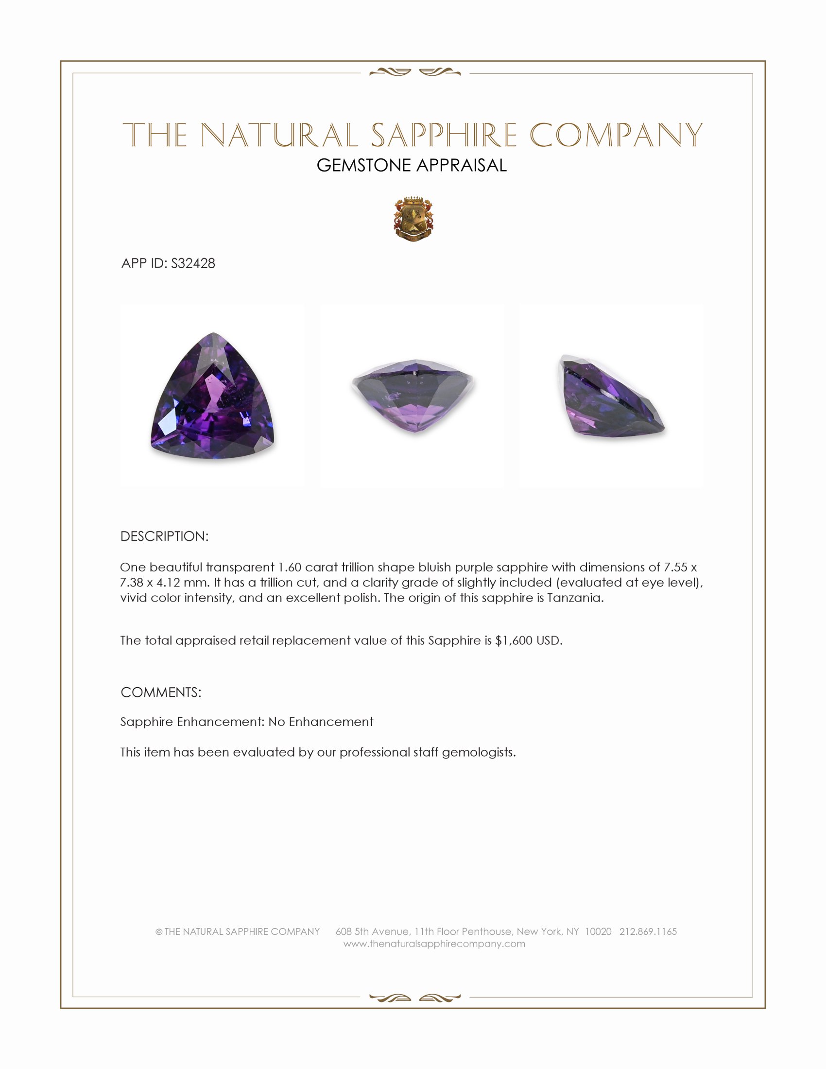 1.60 Ct. Bluish Purple Sapphire from Tanzania