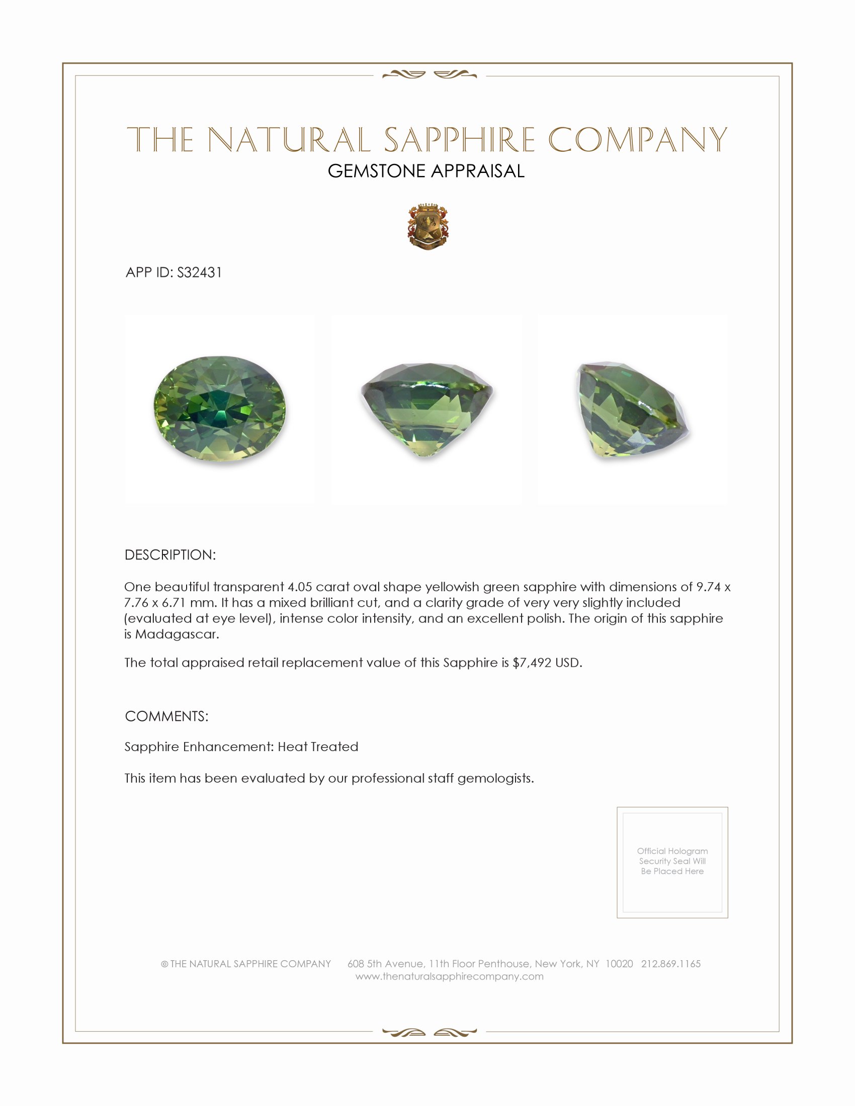 4.05 Ct. Yellowish Green Sapphire from Madagascar