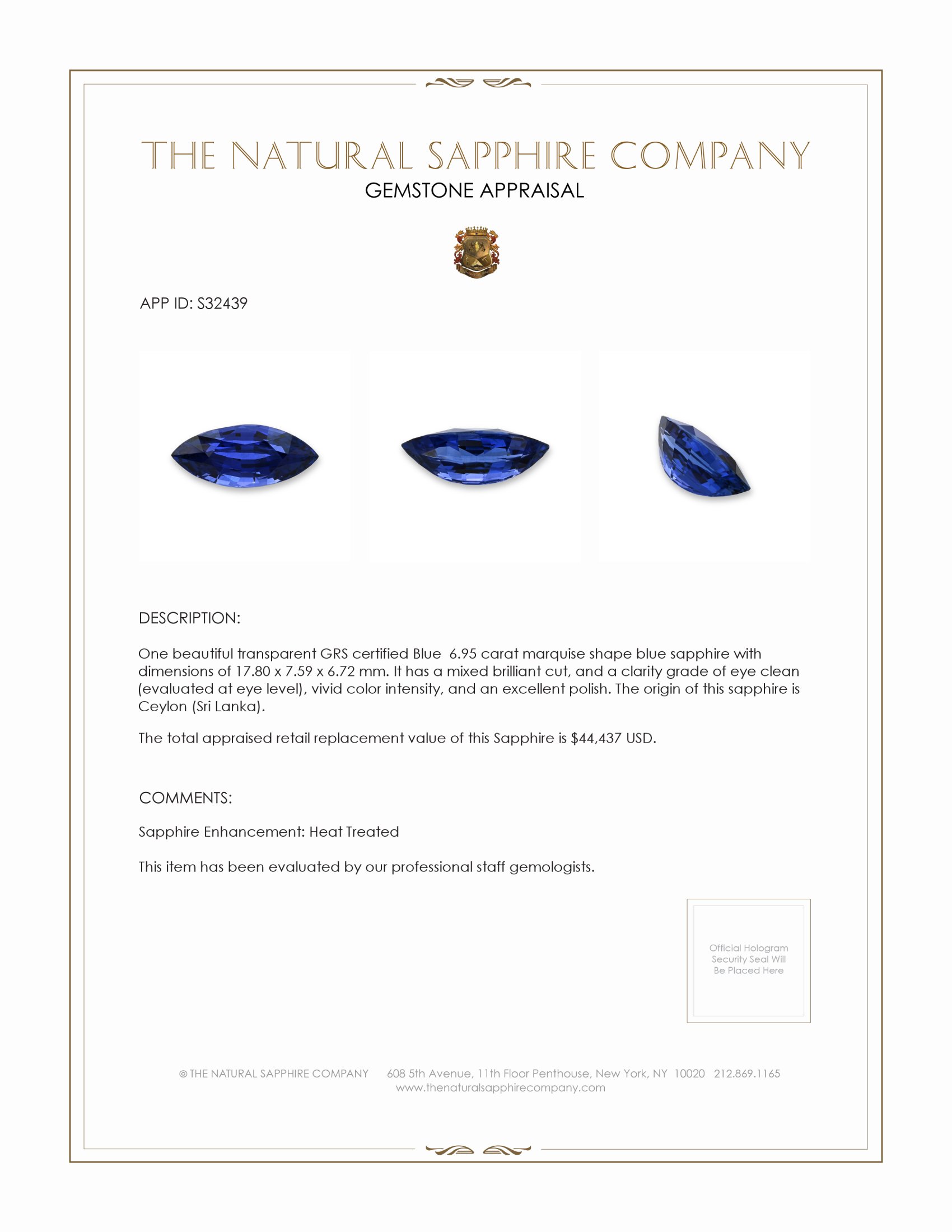 6.95 Ct. Blue Sapphire from Ceylon (Sri Lanka)