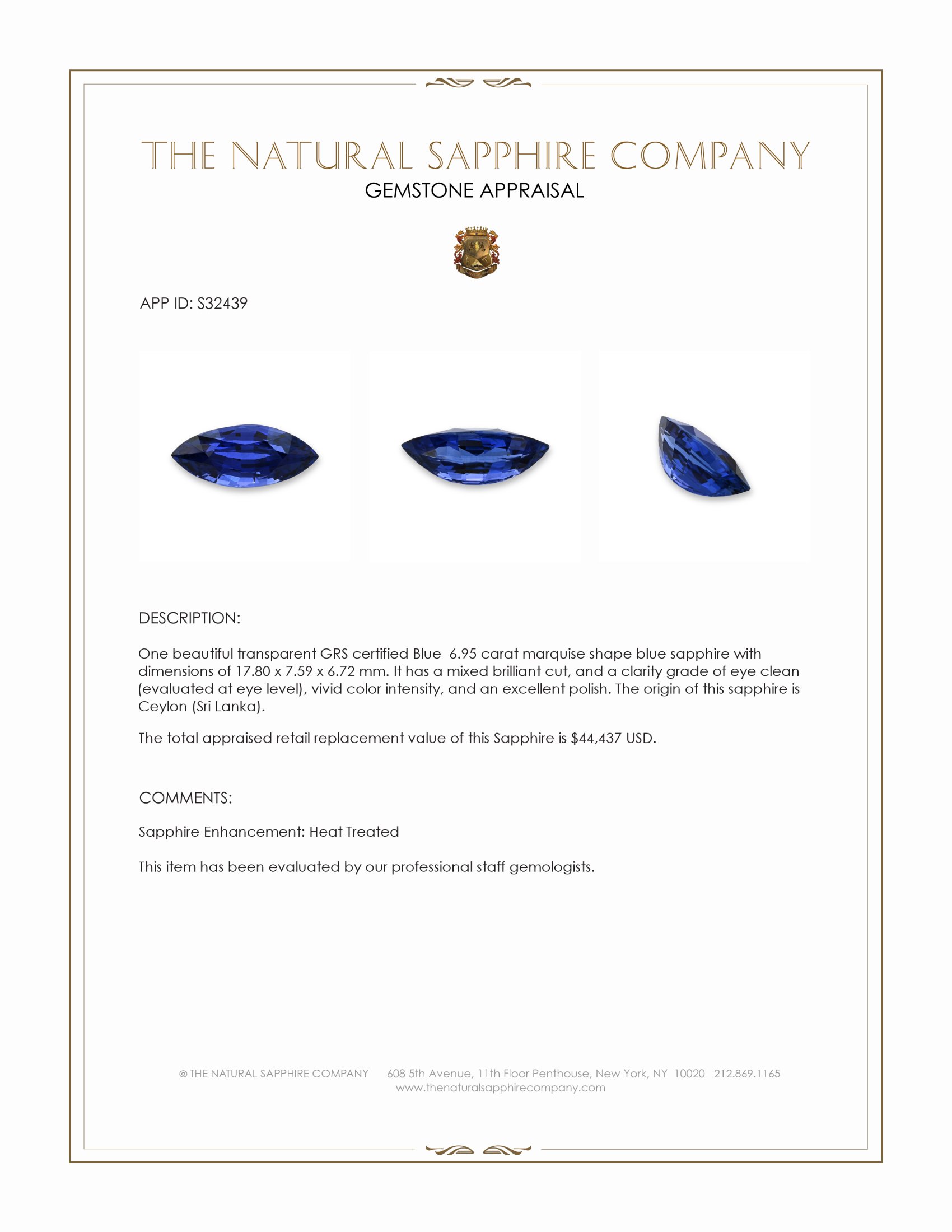 6.95 Ct. Blue Sapphire from Ceylon (Sri Lanka)