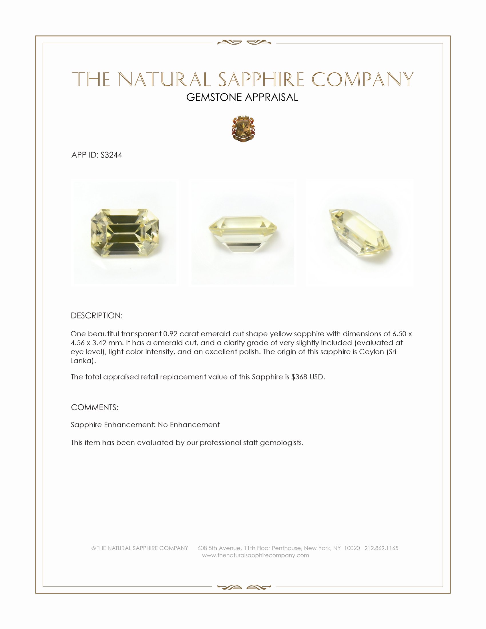 0.92 Ct. Yellow Sapphire from Ceylon (Sri Lanka)