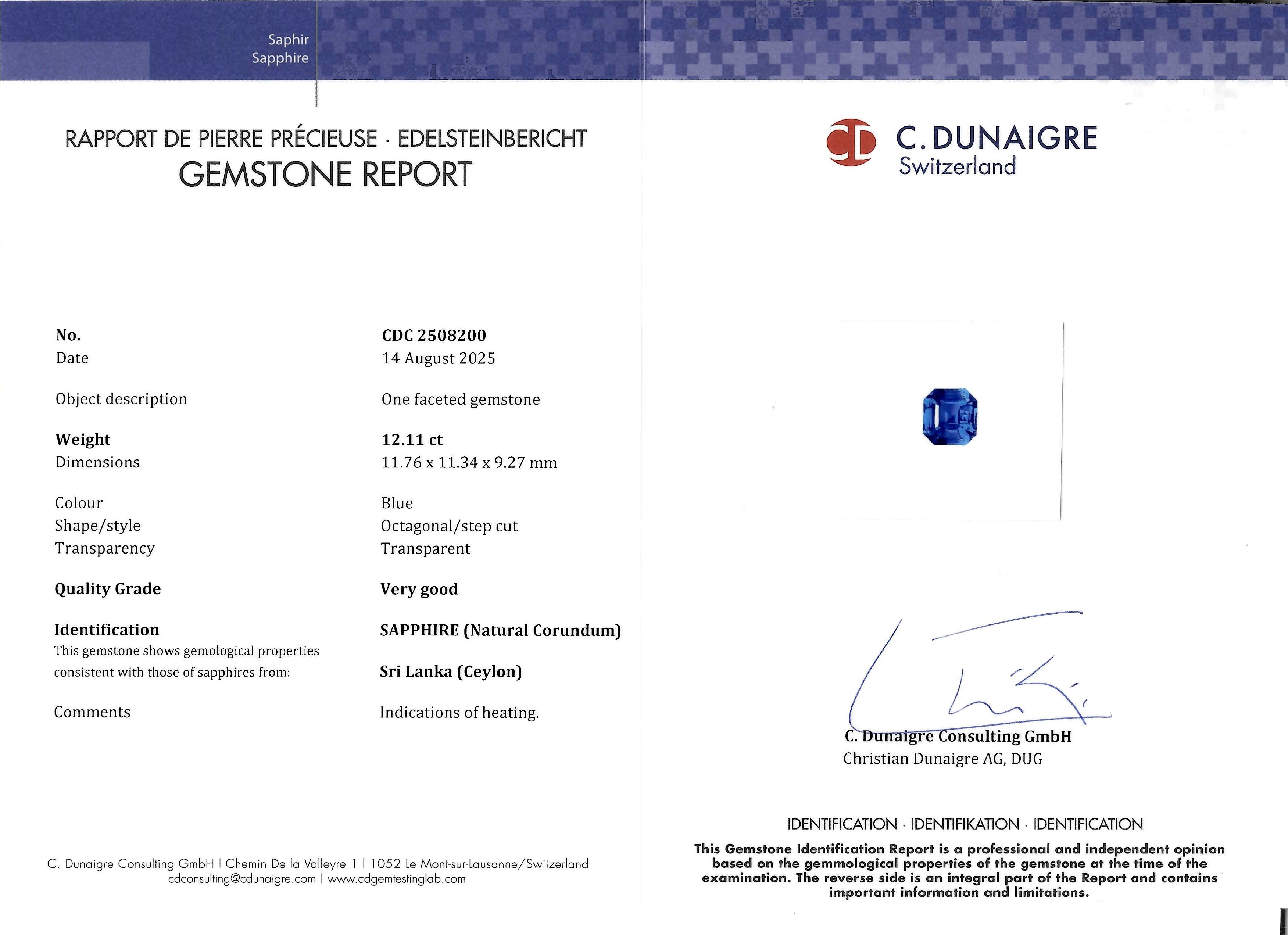 12.11 Ct. Blue Sapphire from Ceylon (Sri Lanka)