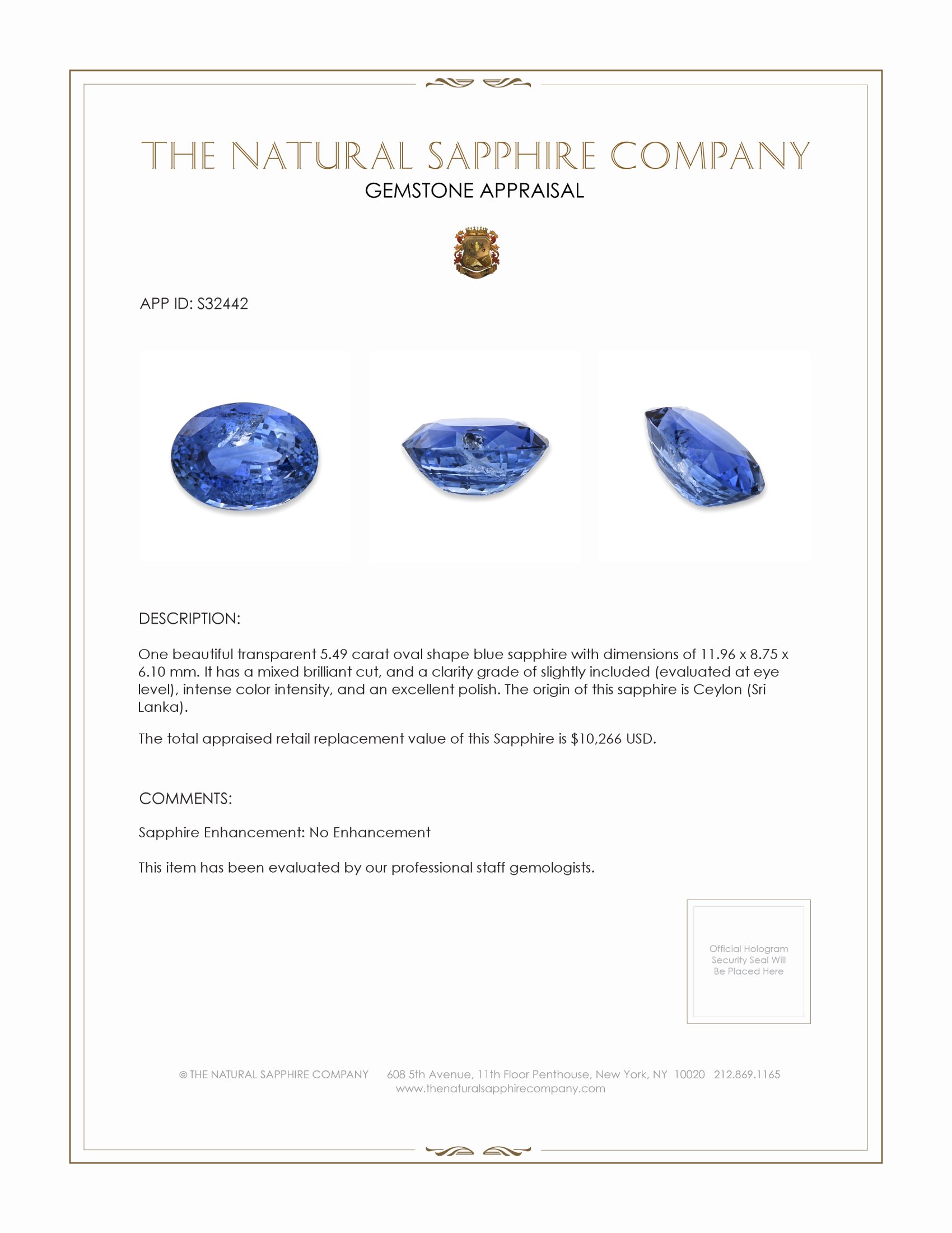 5.49 Ct. Blue Sapphire from Ceylon (Sri Lanka)