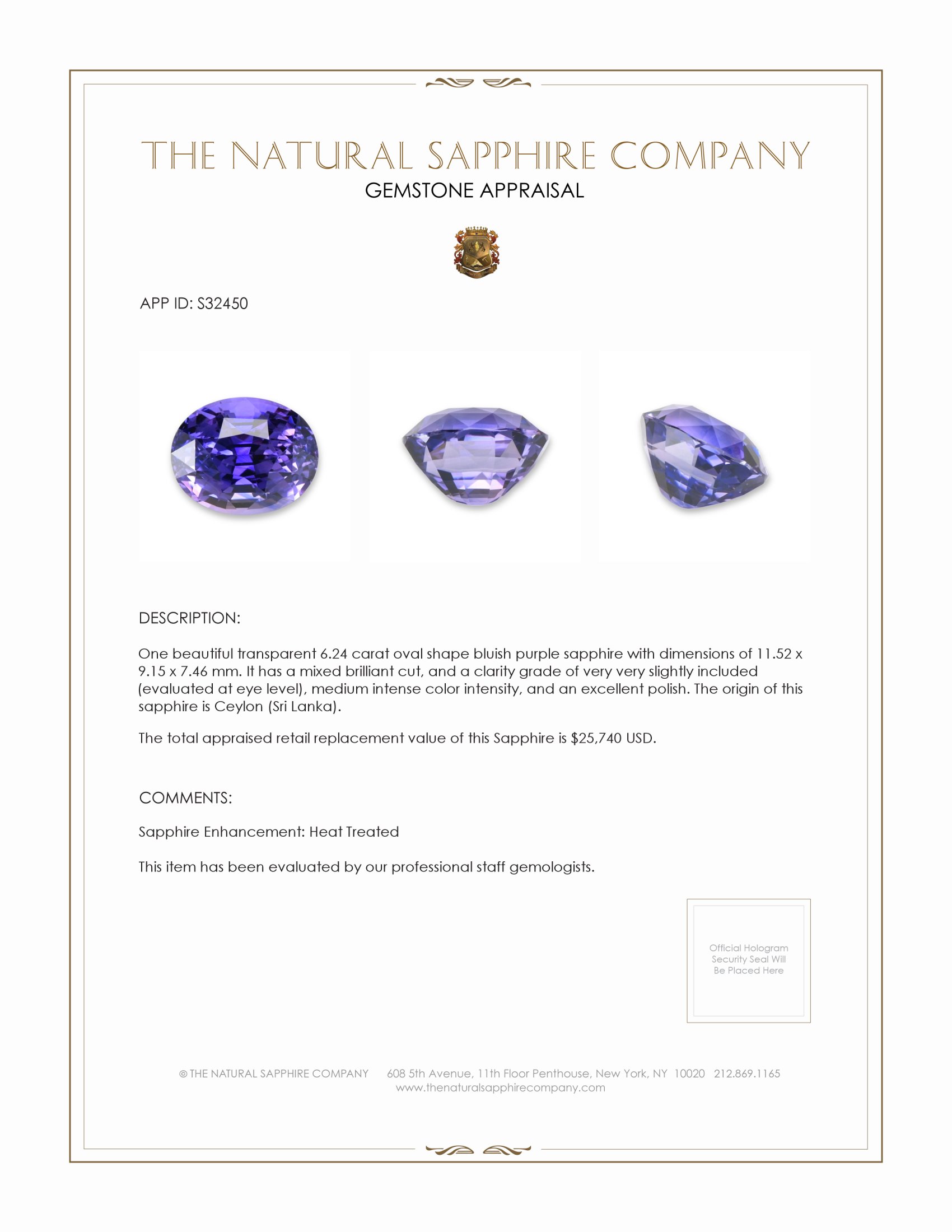 6.23 Ct. Bluish Purple Sapphire from Ceylon (Sri Lanka)
