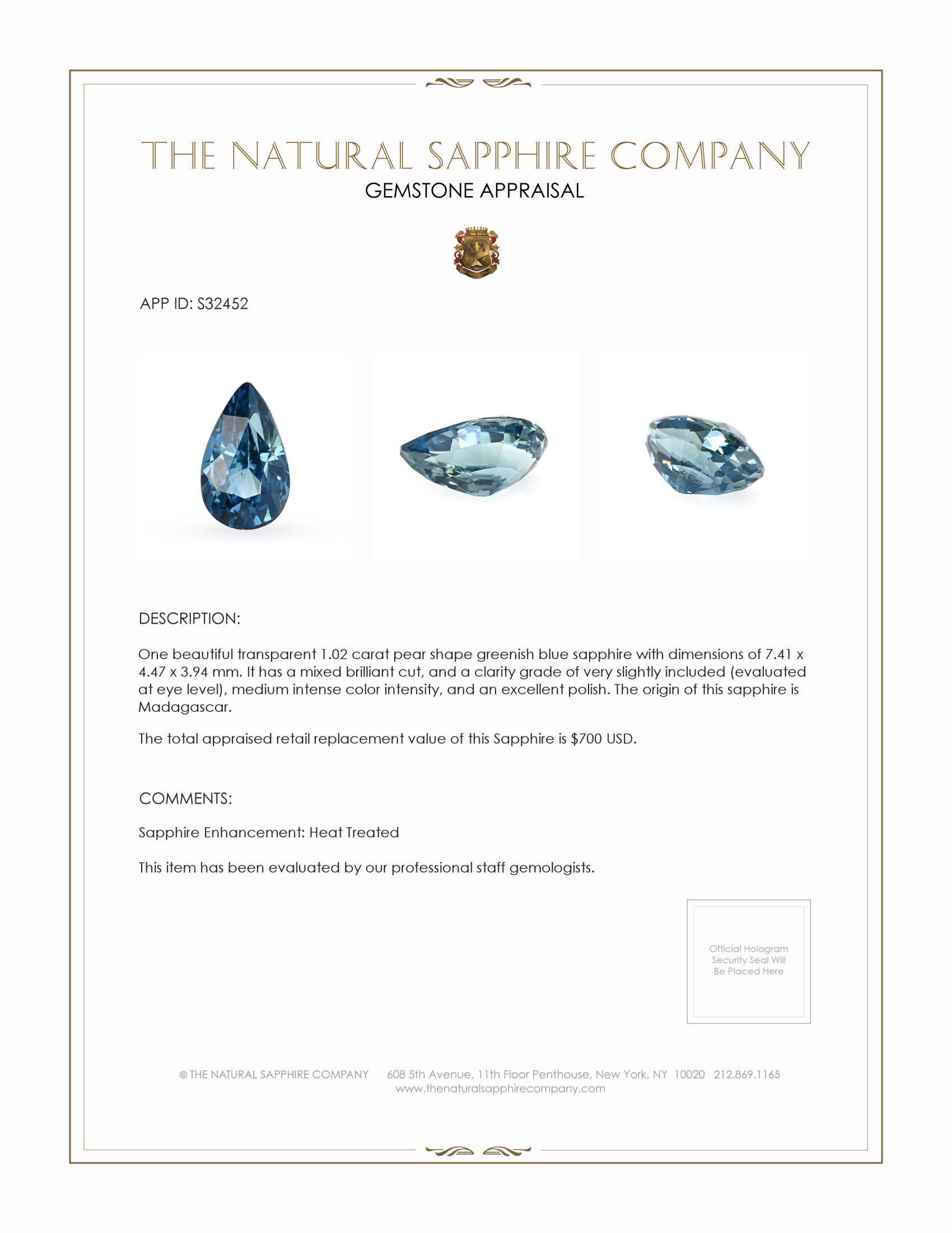 1.02 Ct. Greenish Blue Sapphire from Madagascar