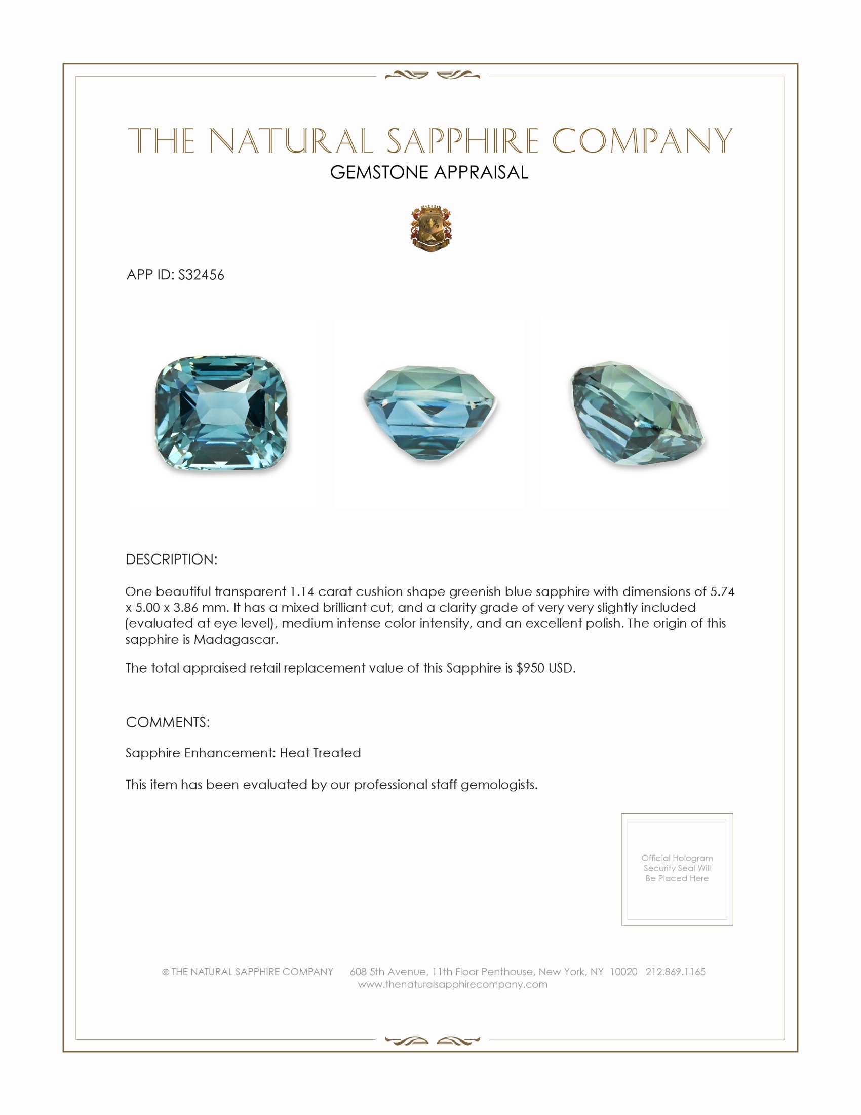 1.14 Ct. Greenish Blue Sapphire from Madagascar