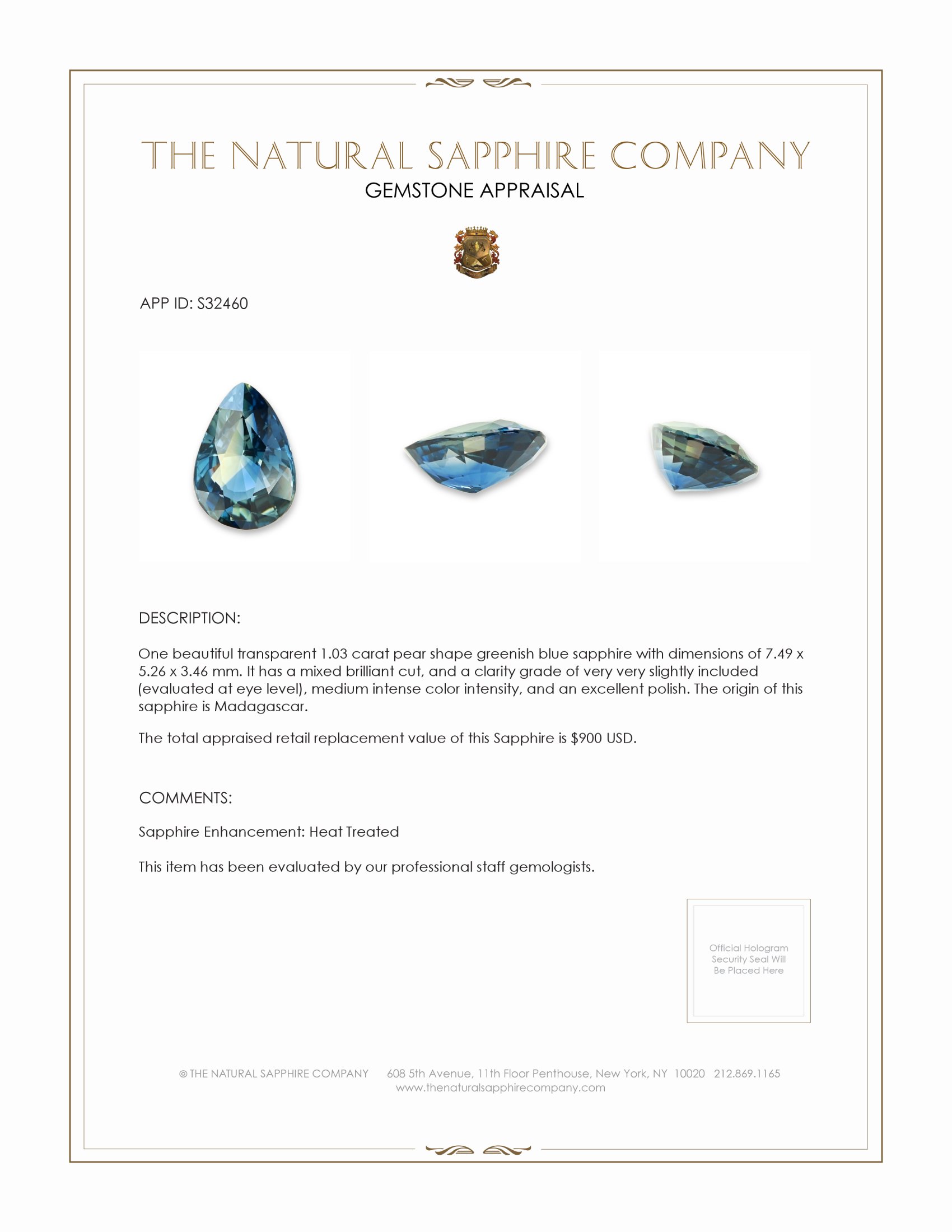 1.03 Ct. Greenish Blue Sapphire from Madagascar