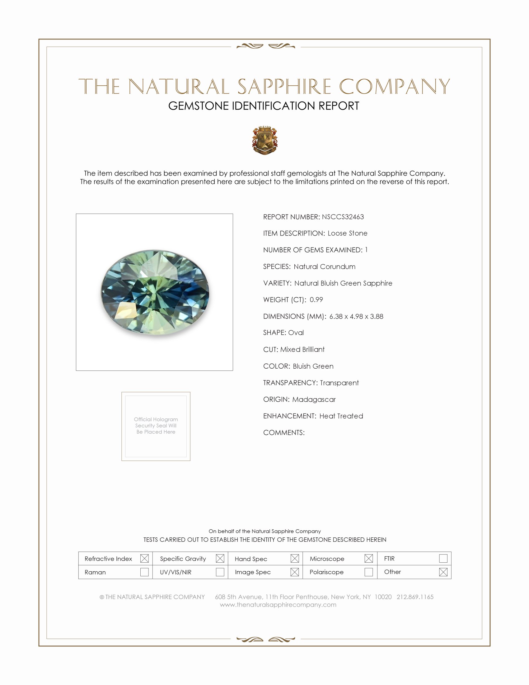 0.99 Ct. Bluish Green Sapphire from Madagascar