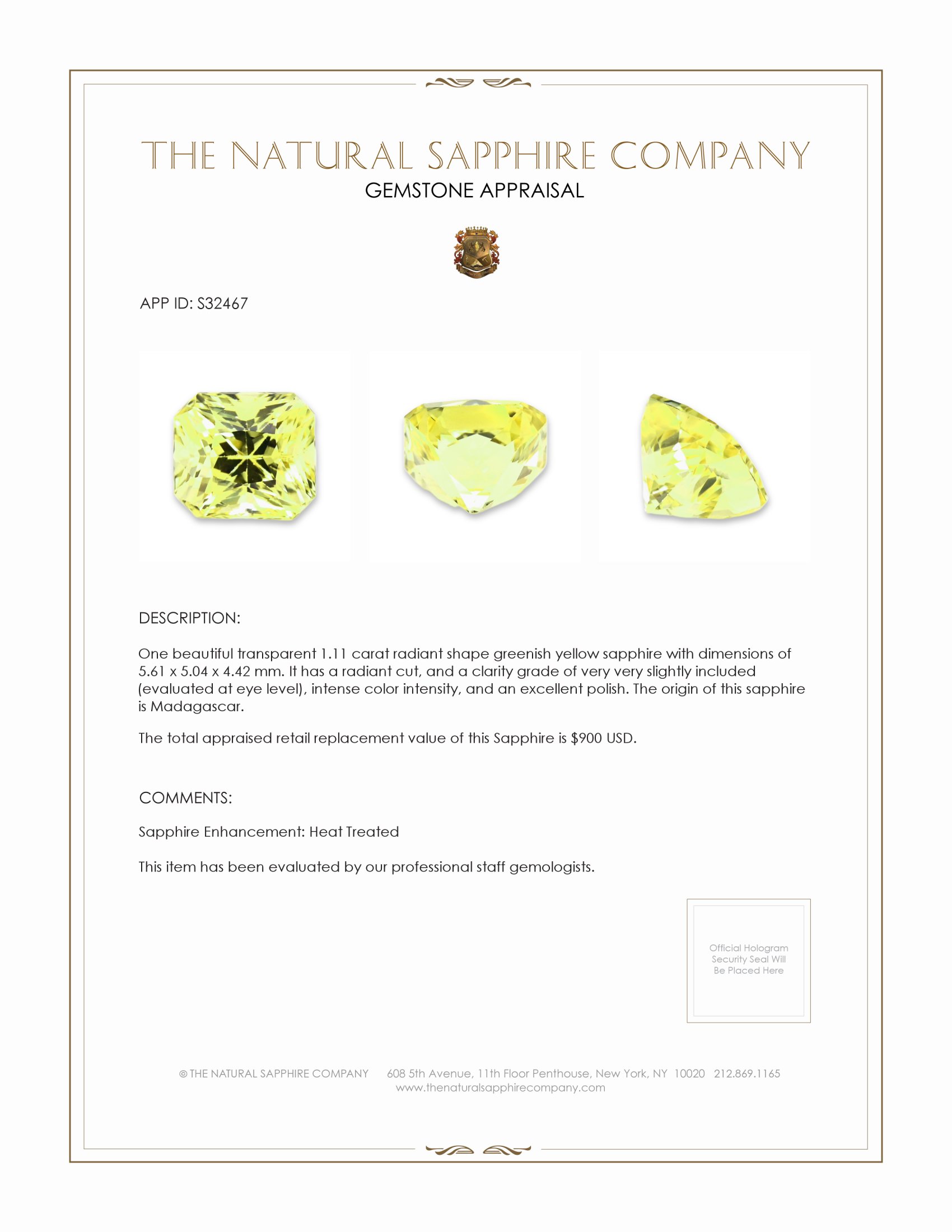 1.11 Ct. Greenish Yellow Sapphire from Madagascar