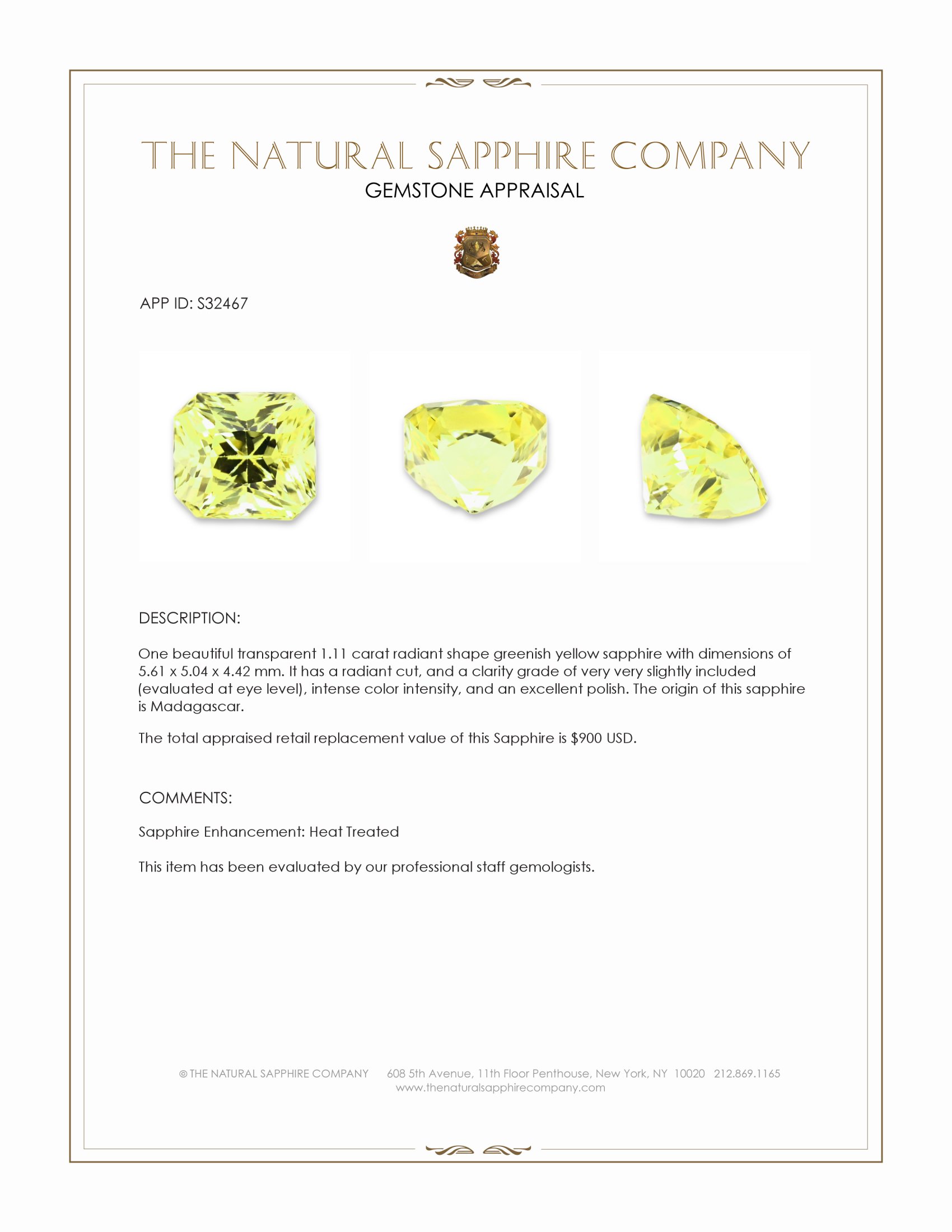 1.11 Ct. Greenish Yellow Sapphire from Madagascar