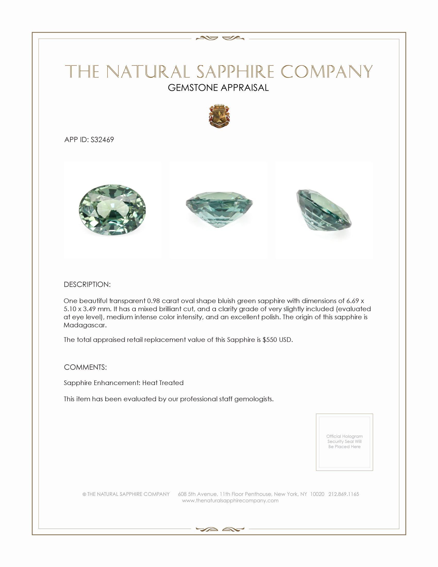 0.98 Ct. Bluish Green Sapphire from Madagascar