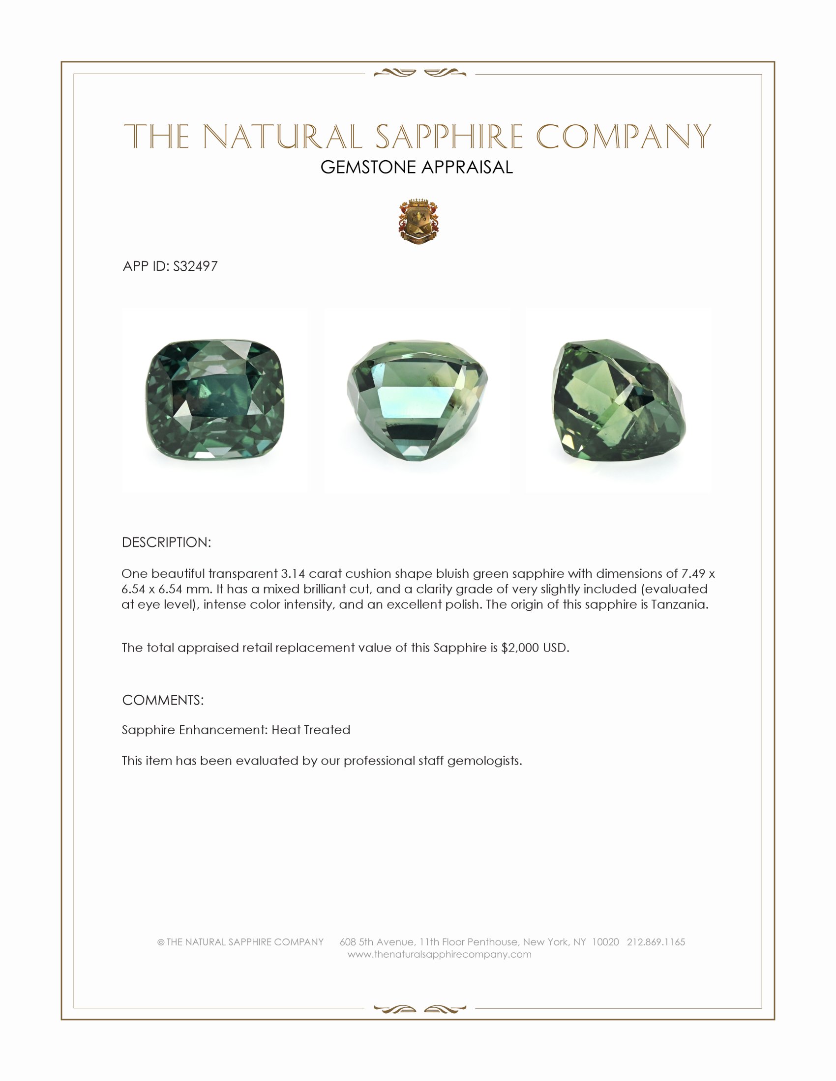 3.14 Ct. Bluish Green Sapphire from Tanzania