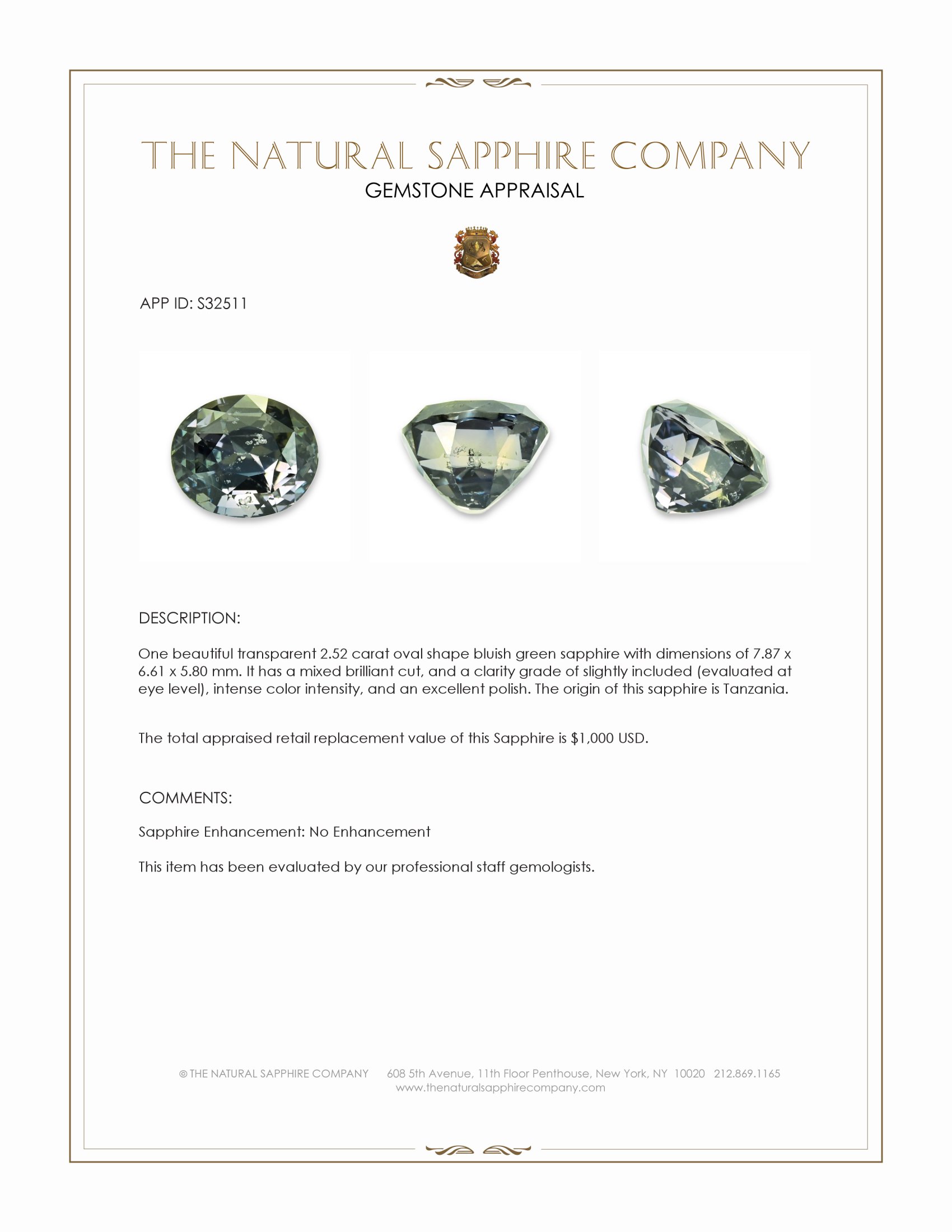 2.52 Ct. Yellowish Green Sapphire from Tanzania