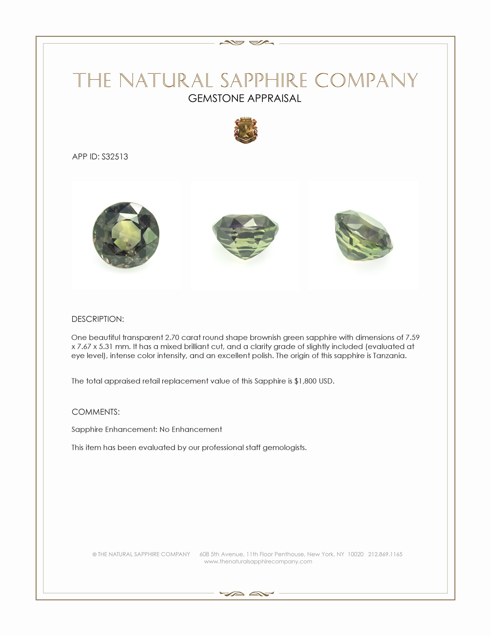 2.70 Ct. Brownish Green Sapphire from Tanzania